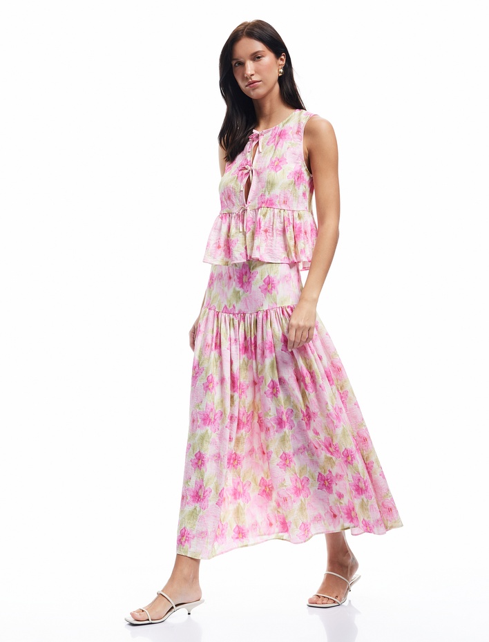  Astarlı Bol Kalıp Viskon Kumaş Uzun Çiçekli Etek