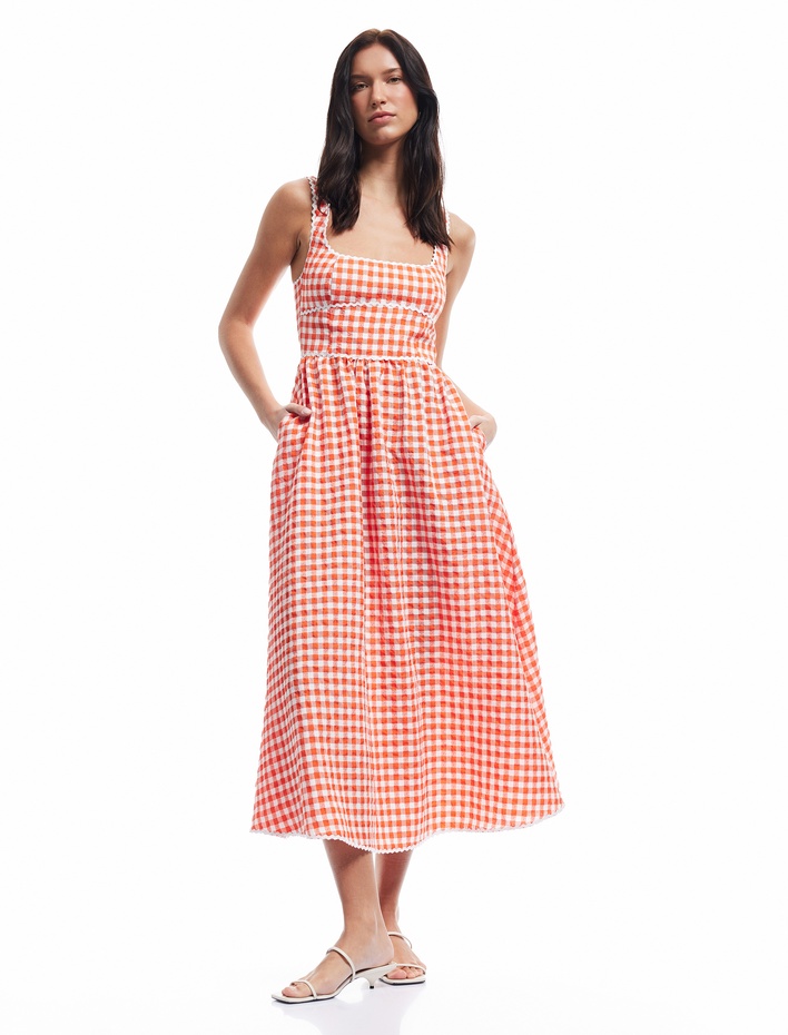  Viskon Karışımlı Pötikareli Uzun Kare Yaka Askılı Elbise