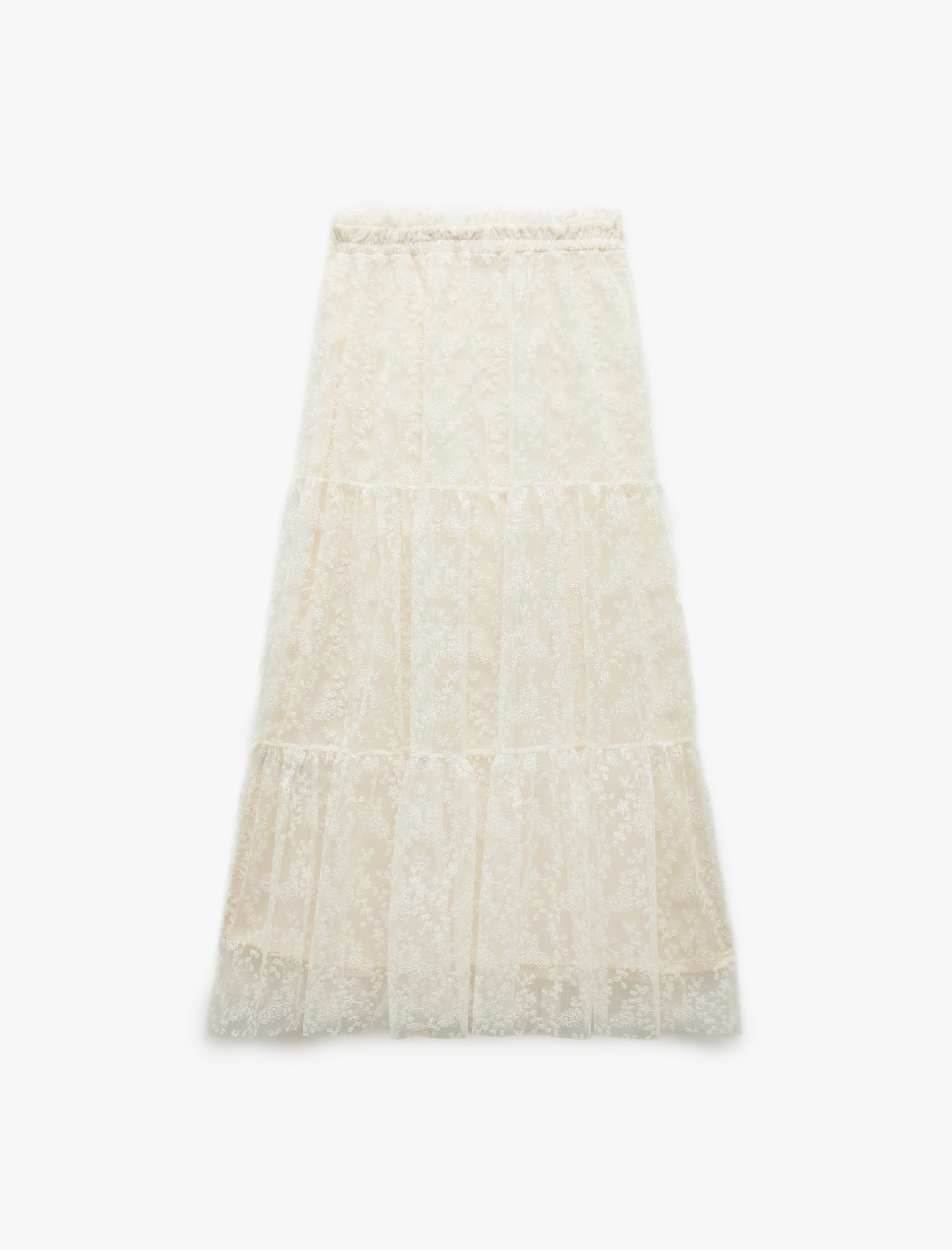   Regular Fit Astarlı Brodeli Fistolu Çiçekli Midi Dantel Etek