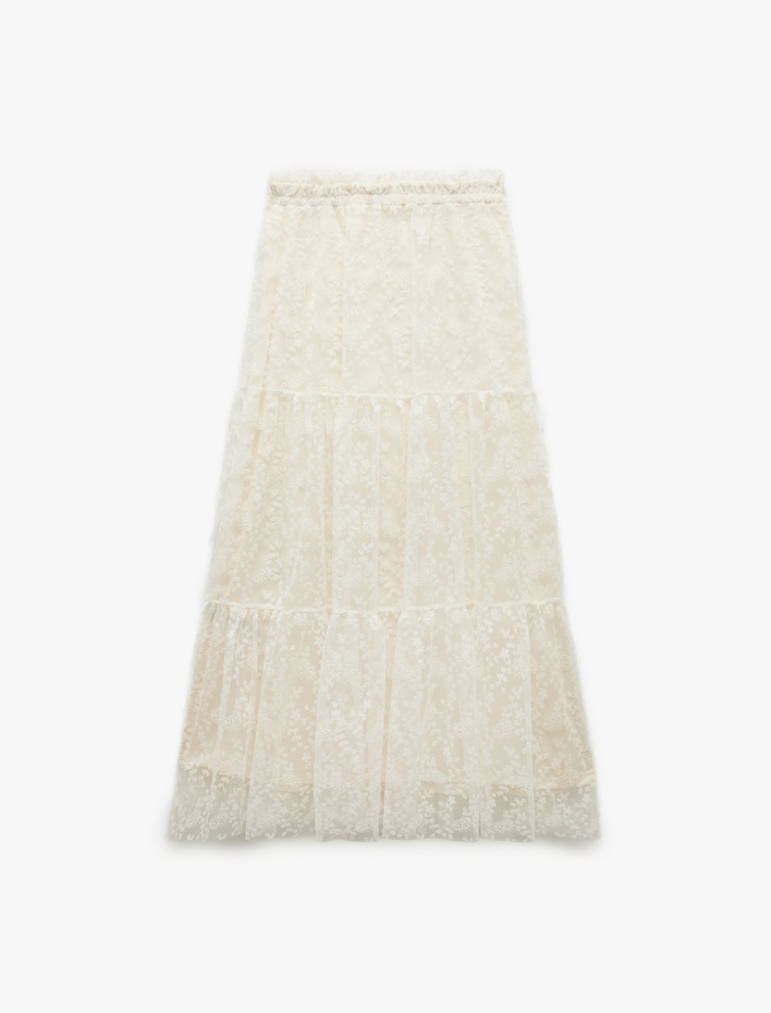  Regular Fit Astarlı Brodeli Fistolu Çiçekli Midi Dantel Etek