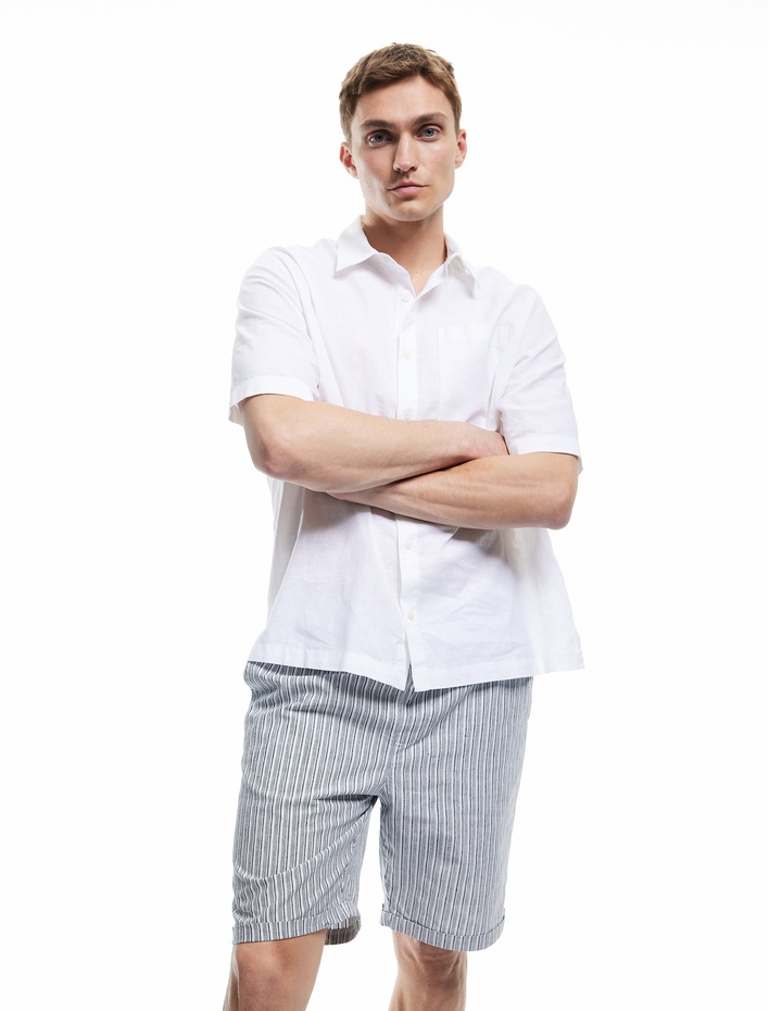  Katlamalı Paça Keten Pamuk Karışımlı Çizgili Beli Bağcıklı Bermuda Şort