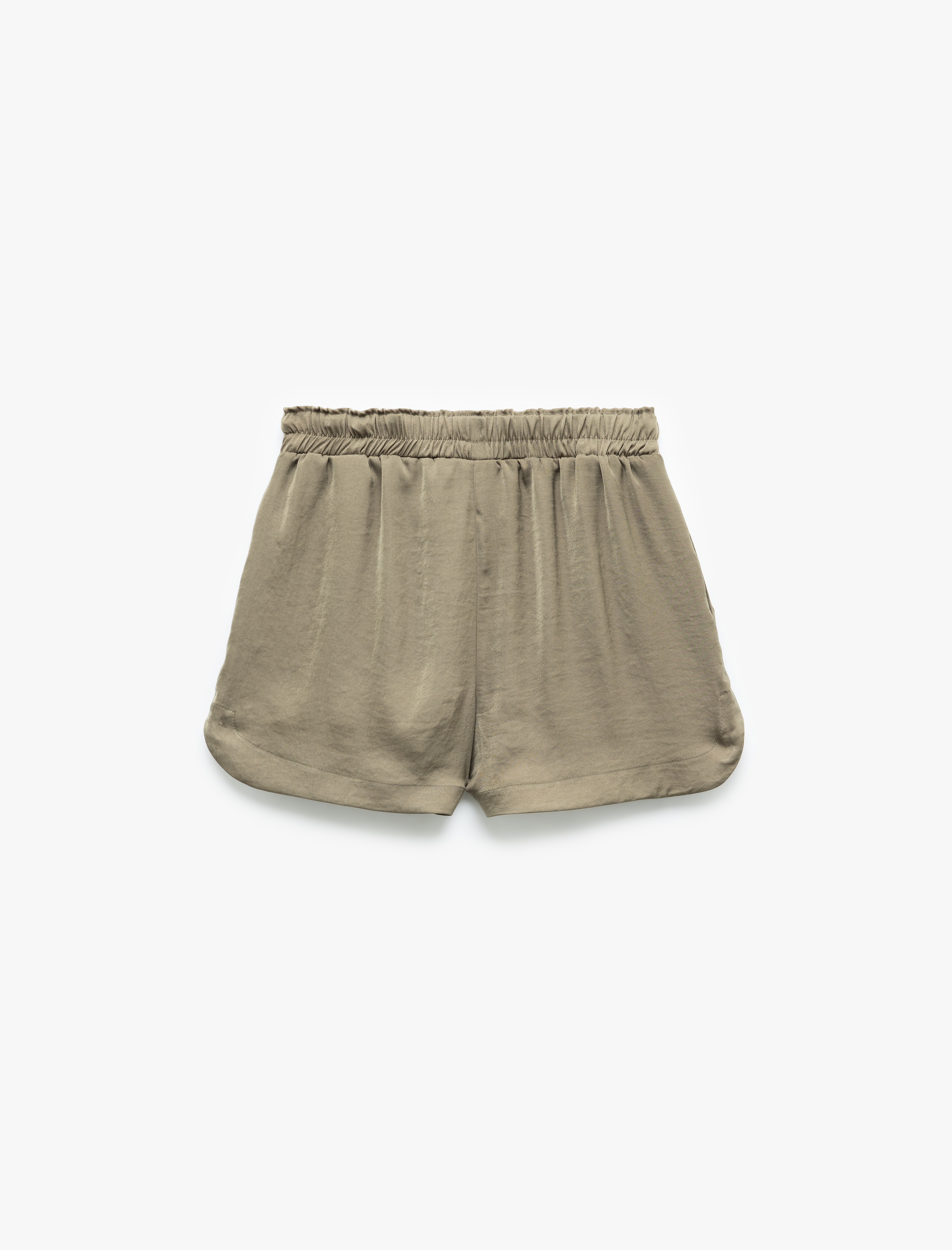   Beli Lastikli Bağlamalı Loose Fit Cepli Aerobin Saten Mini Şort