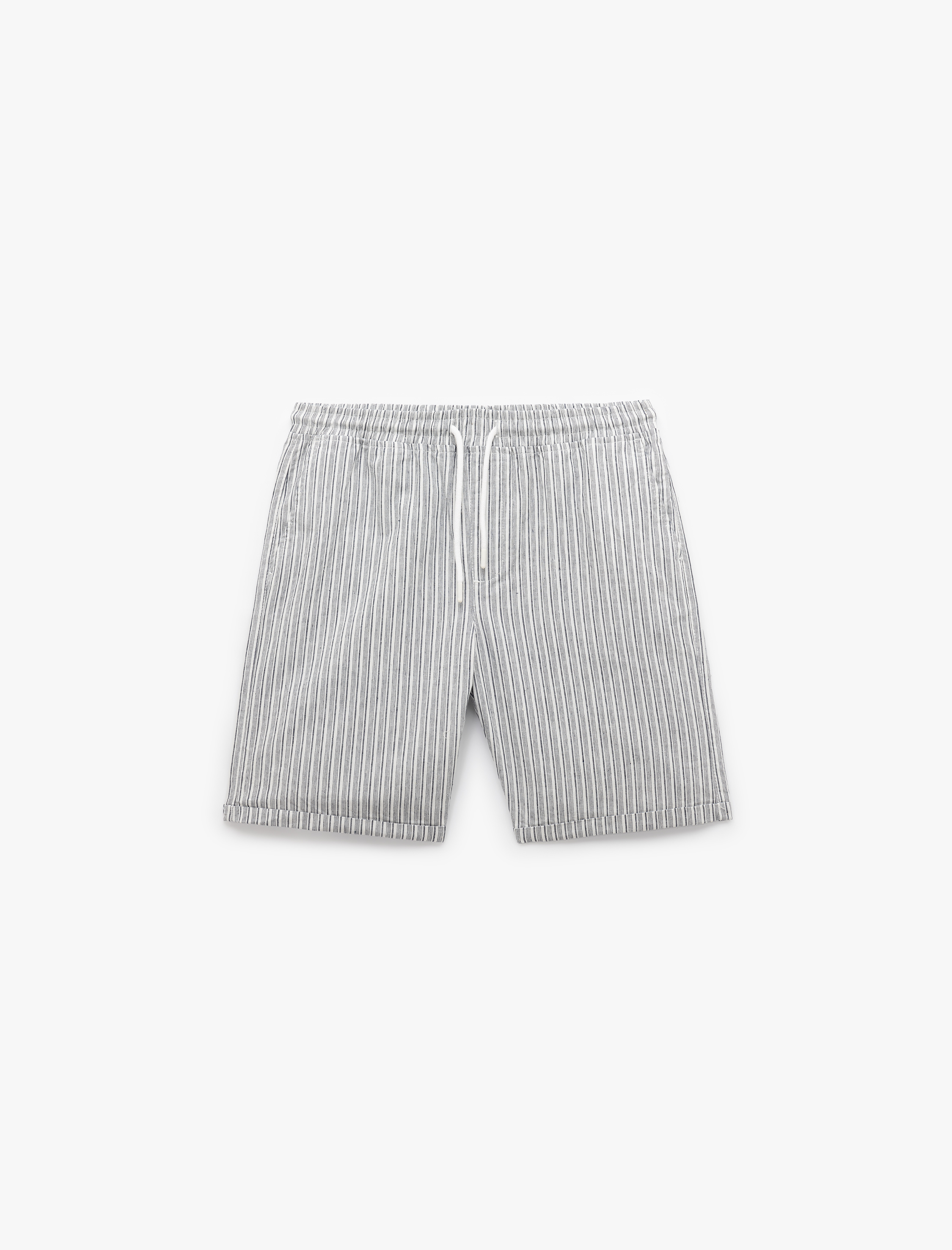   Katlamalı Paça Keten Pamuk Karışımlı Çizgili Beli Bağcıklı Bermuda Şort