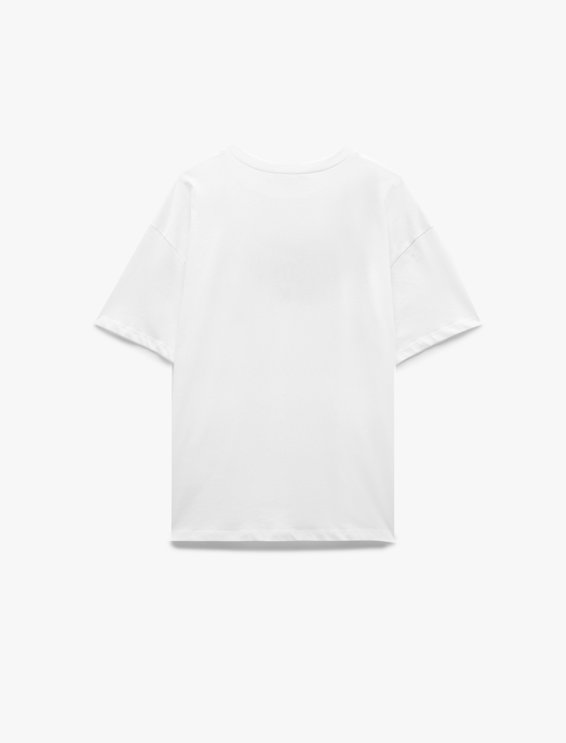   Pamuklu Kısa Kollu Bisiklet Yaka Fiyonk Detaylı Baskılı Oversize Tişört