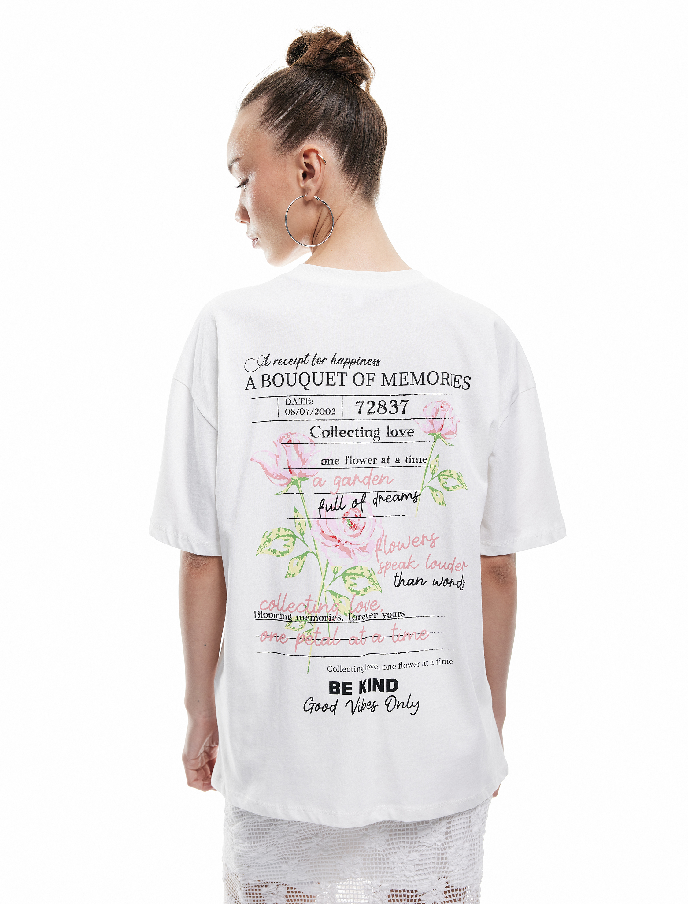   Rahat Kalıp Pamuklu Kısa Kollu Bisiklet Yaka Arkası Baskılı Tişört