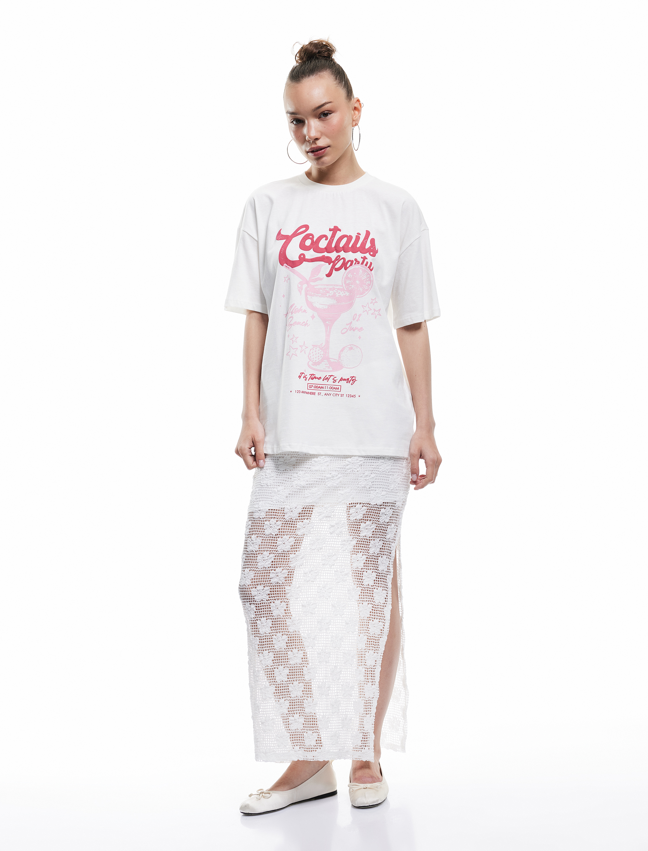   Kısa Kollu Bisiklet Yaka Pamuklu Oversize Baskılı Tişört