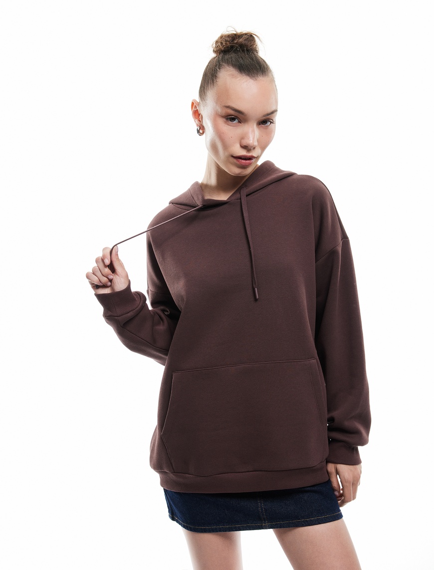   Üç İplik Şardonlu Kanguru Cepli Basic Kapüşonlu Sweatshirt