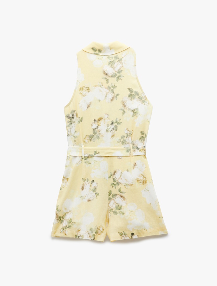  Keten Karışımlı Cepli Kolsuz Gömlek Yaka Kemerli Çiçekli Tulum