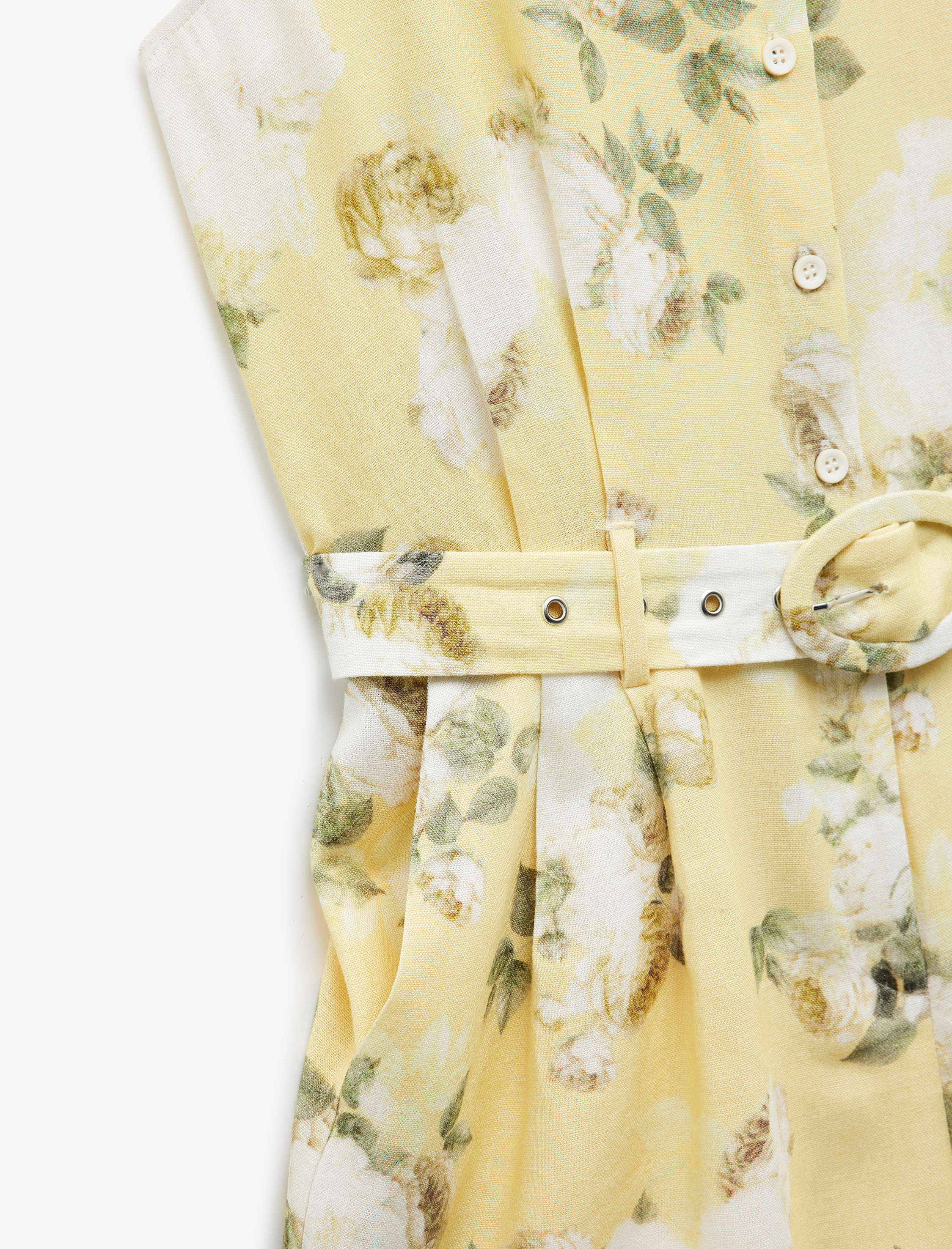   Keten Karışımlı Cepli Kolsuz Gömlek Yaka Kemerli Çiçekli Tulum