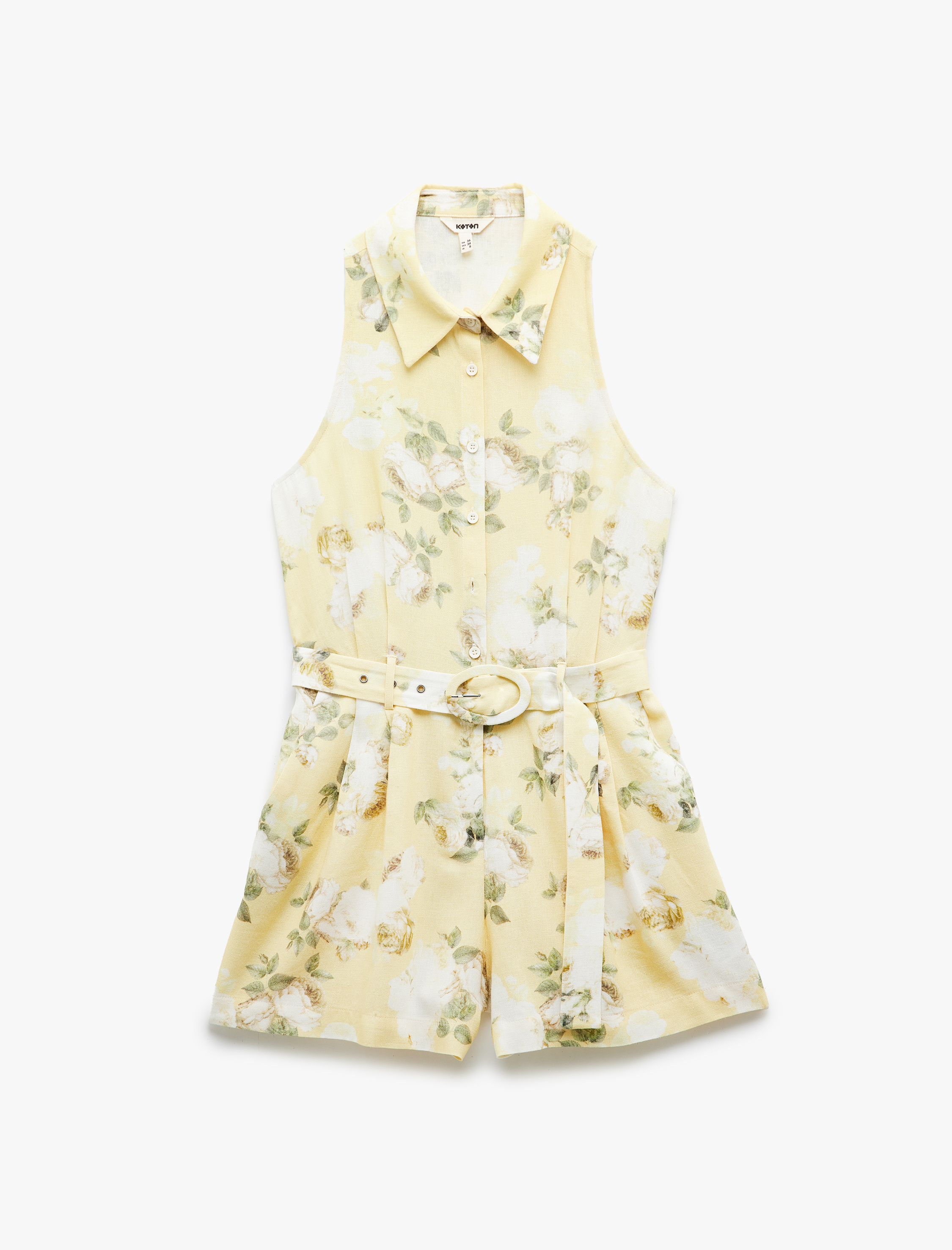   Keten Karışımlı Cepli Kolsuz Gömlek Yaka Kemerli Çiçekli Tulum