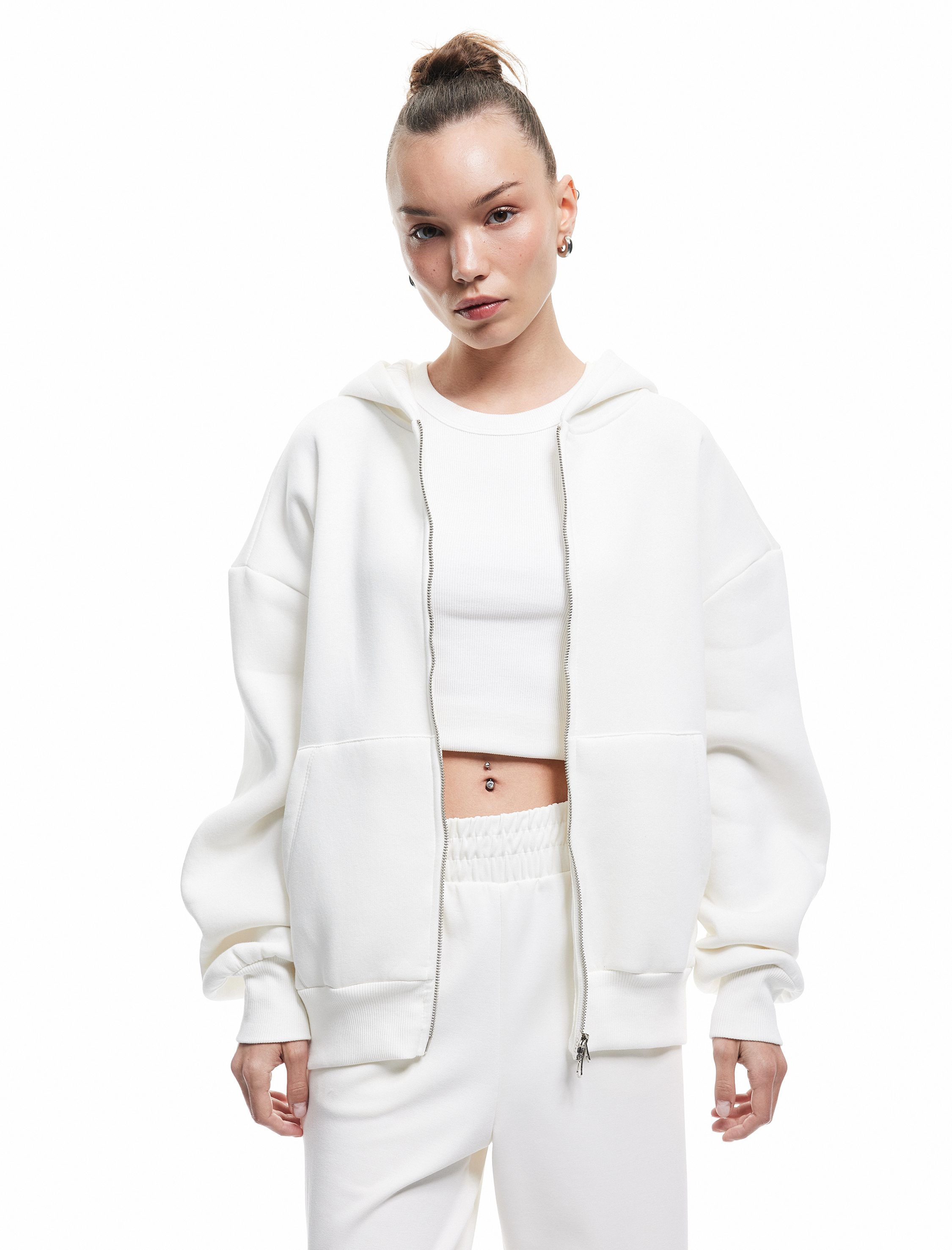   Şardonlu Kapşonlu Uzun Kollu Fermuarlı Sweatshirt