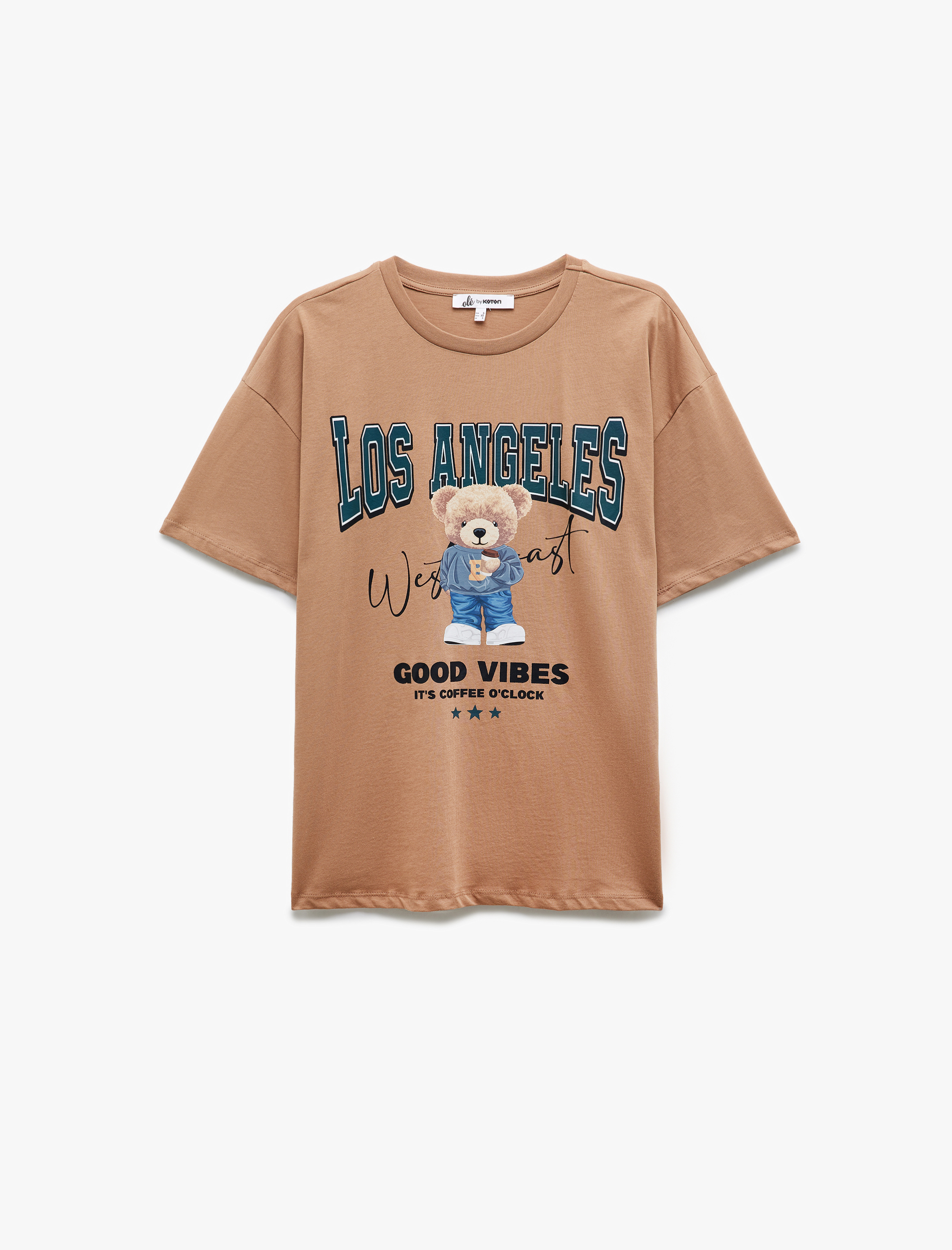   Pamuklu Kısa Kollu Bisiklet Yaka Ayıcık Baskılı Tişört