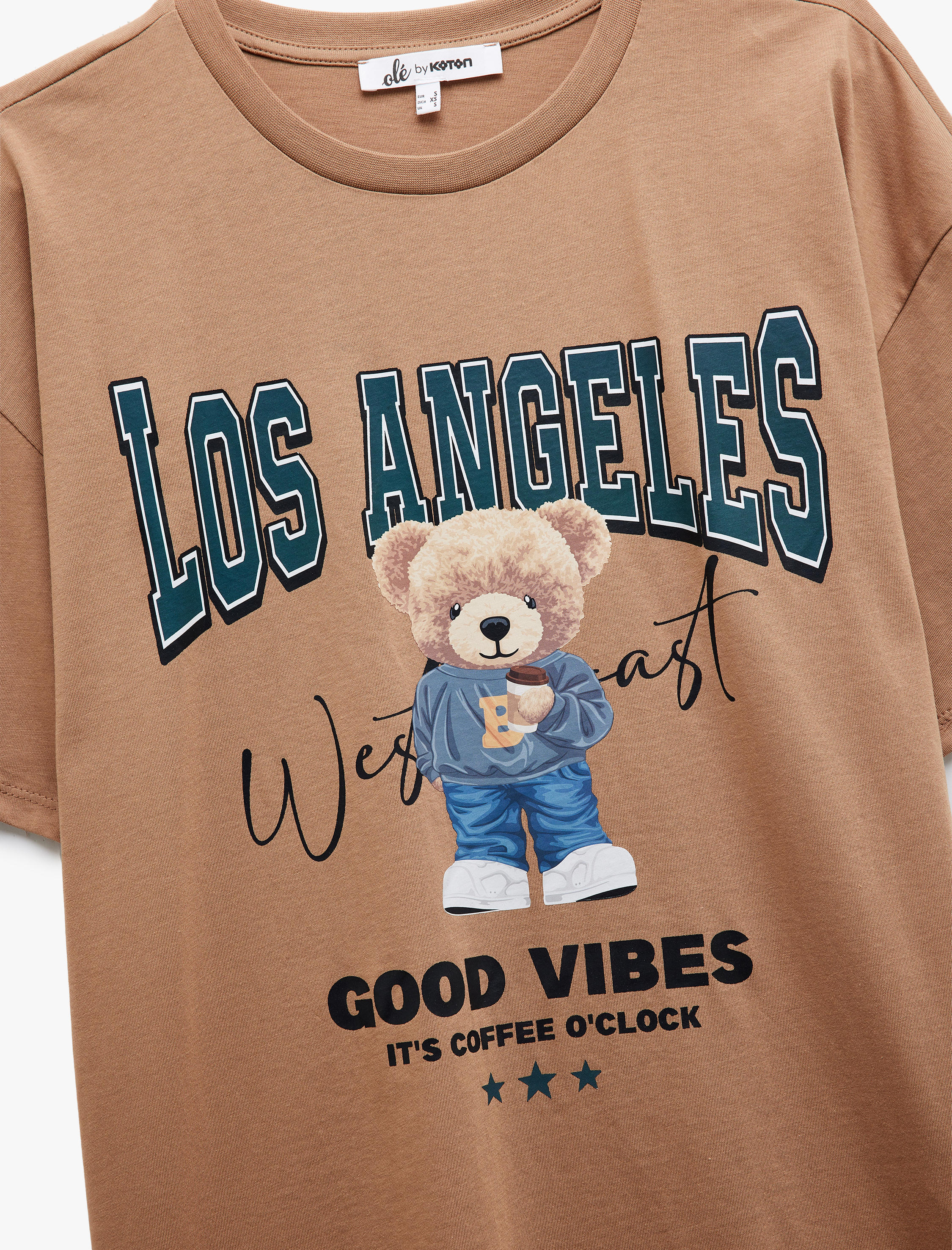   Pamuklu Kısa Kollu Bisiklet Yaka Ayıcık Baskılı Tişört