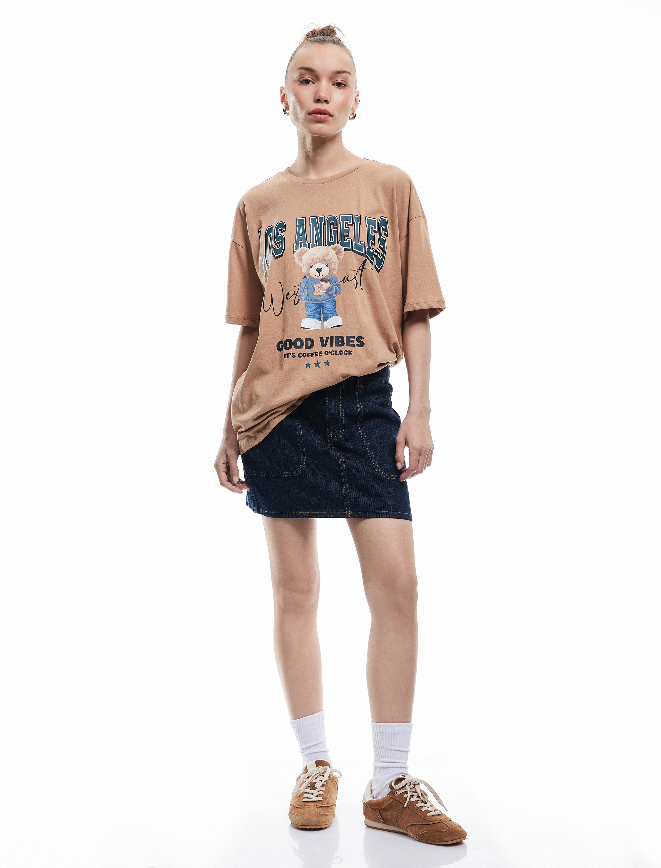   Pamuklu Kısa Kollu Bisiklet Yaka Ayıcık Baskılı Tişört