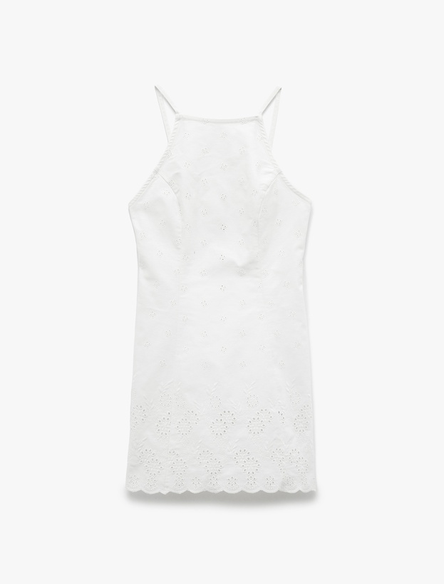 Slim Fit Halter Yaka Çiçek İşlemeli Kolsuz Mini Fisto Elbise_2