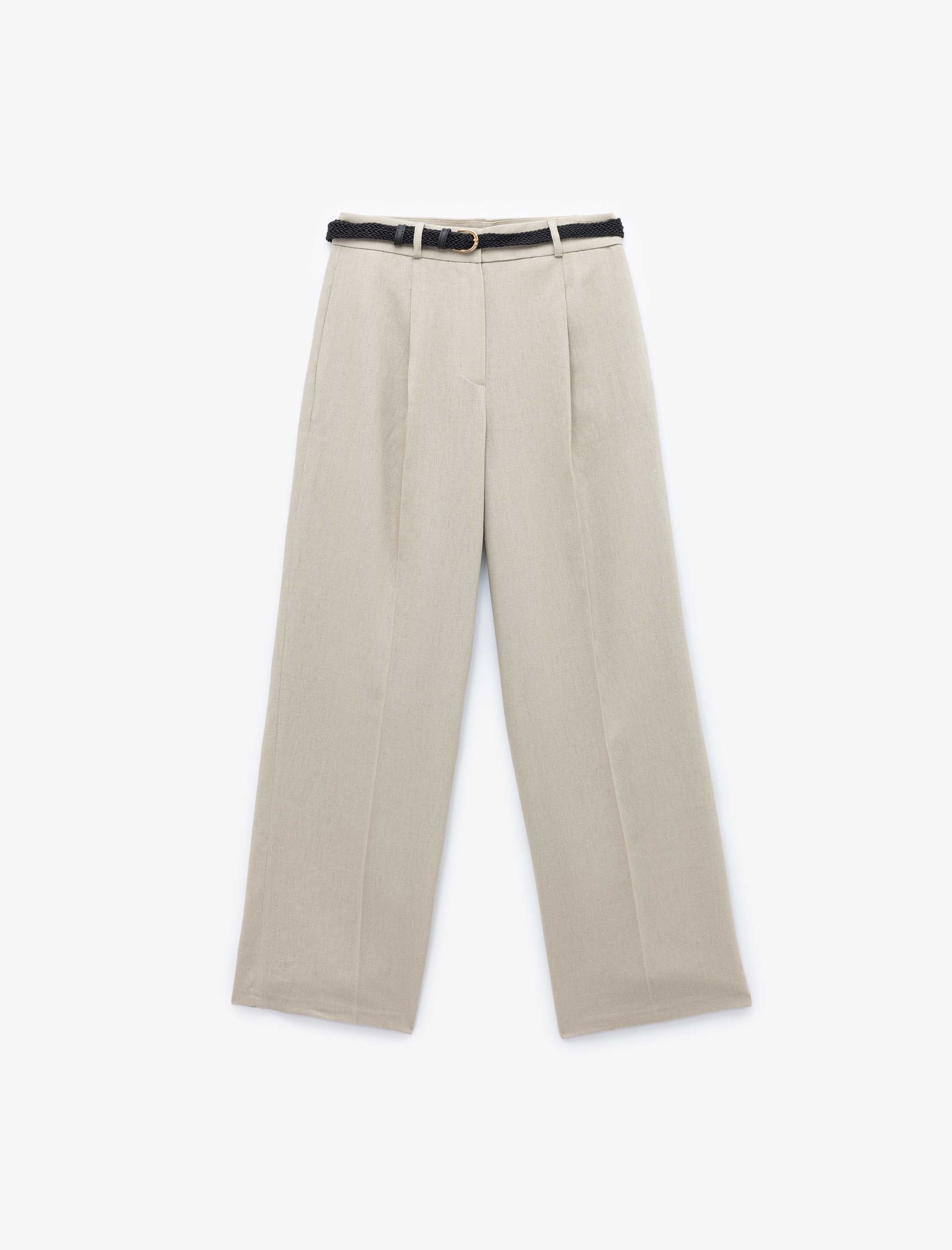   Kemerli Cepli Düz Bol Paça Keten Pantolon