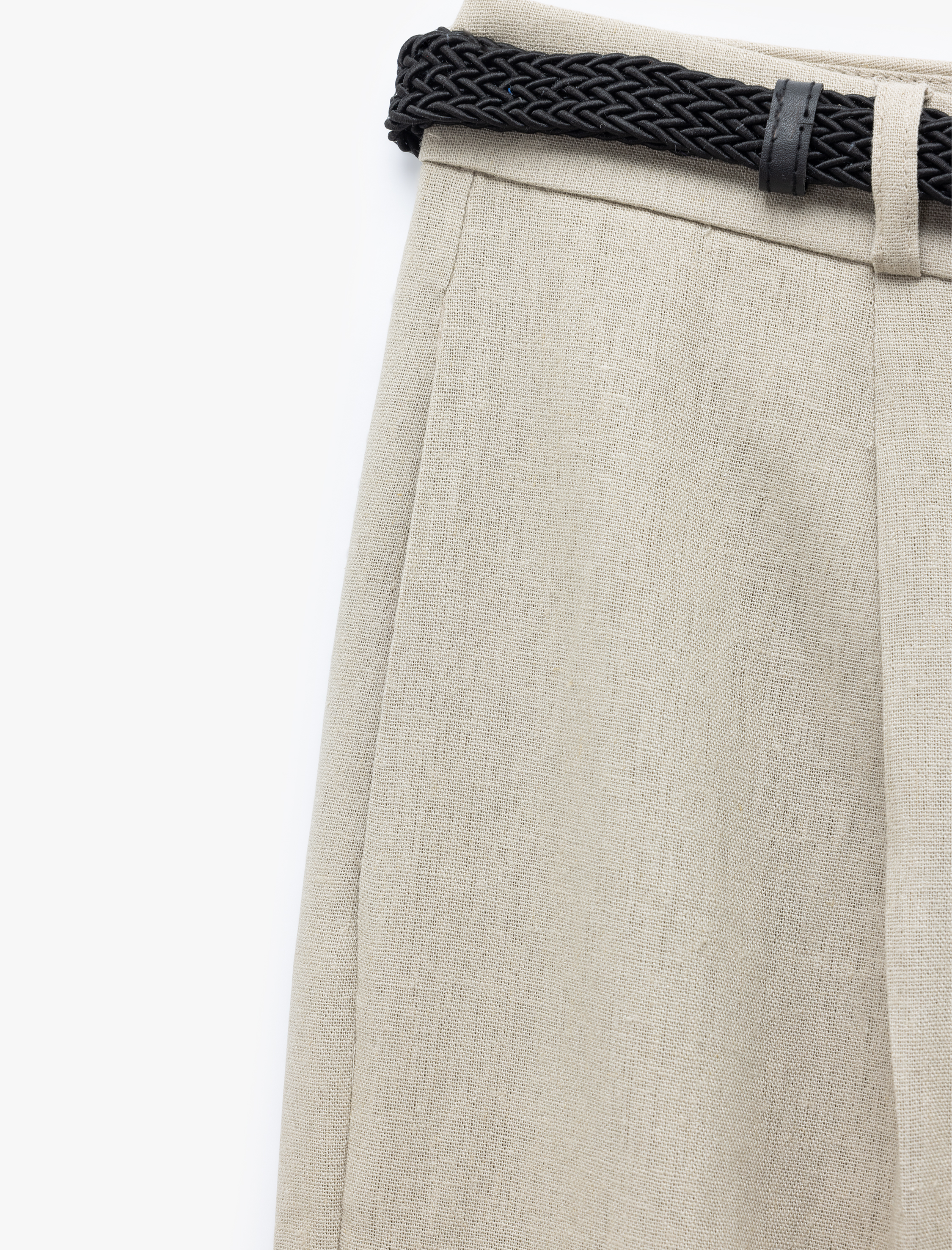   Kemerli Cepli Düz Bol Paça Keten Pantolon