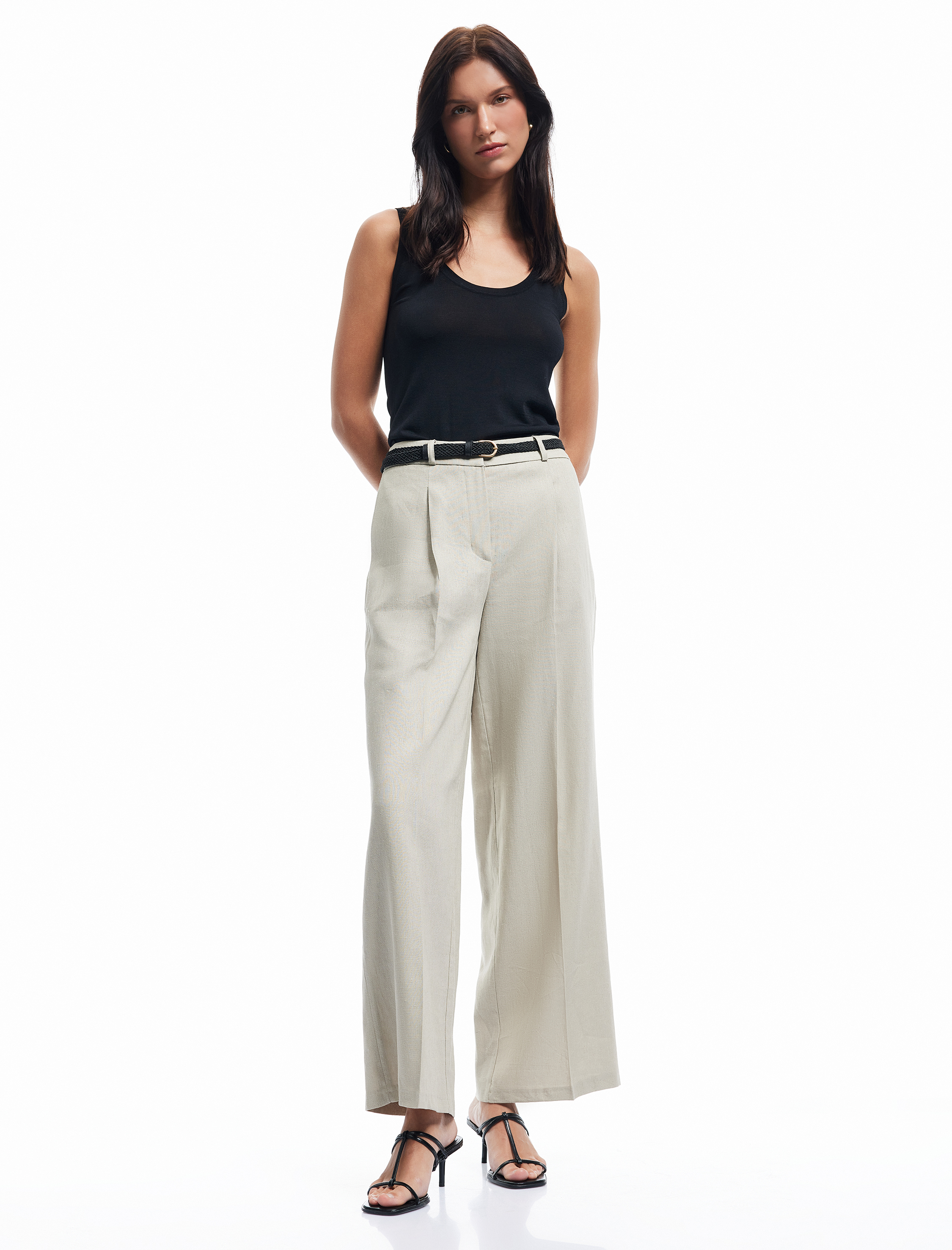   Kemerli Cepli Düz Bol Paça Keten Pantolon