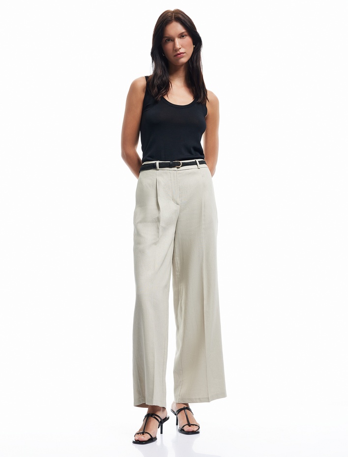  Kemerli Cepli Düz Bol Paça Keten Pantolon