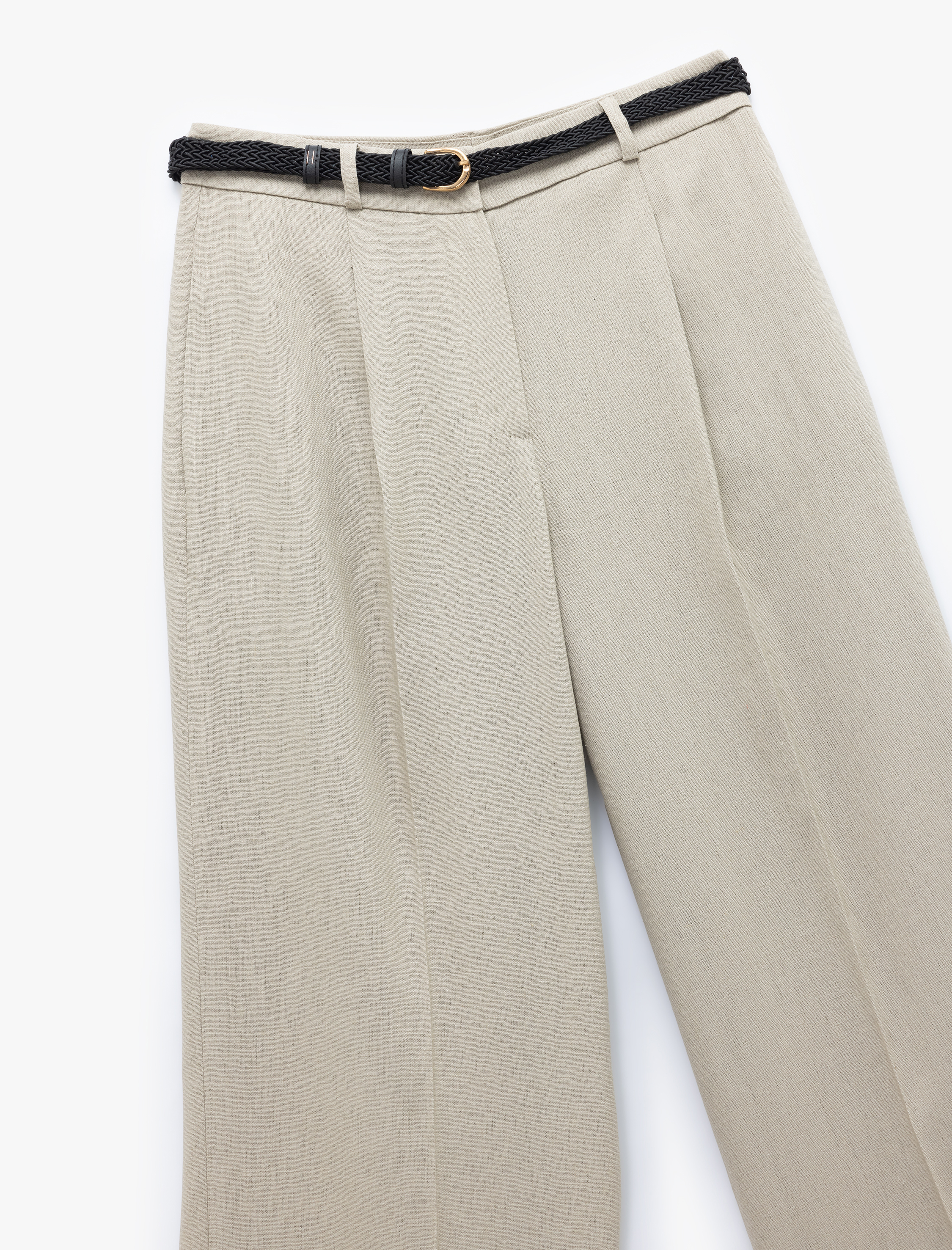   Kemerli Cepli Düz Bol Paça Keten Pantolon