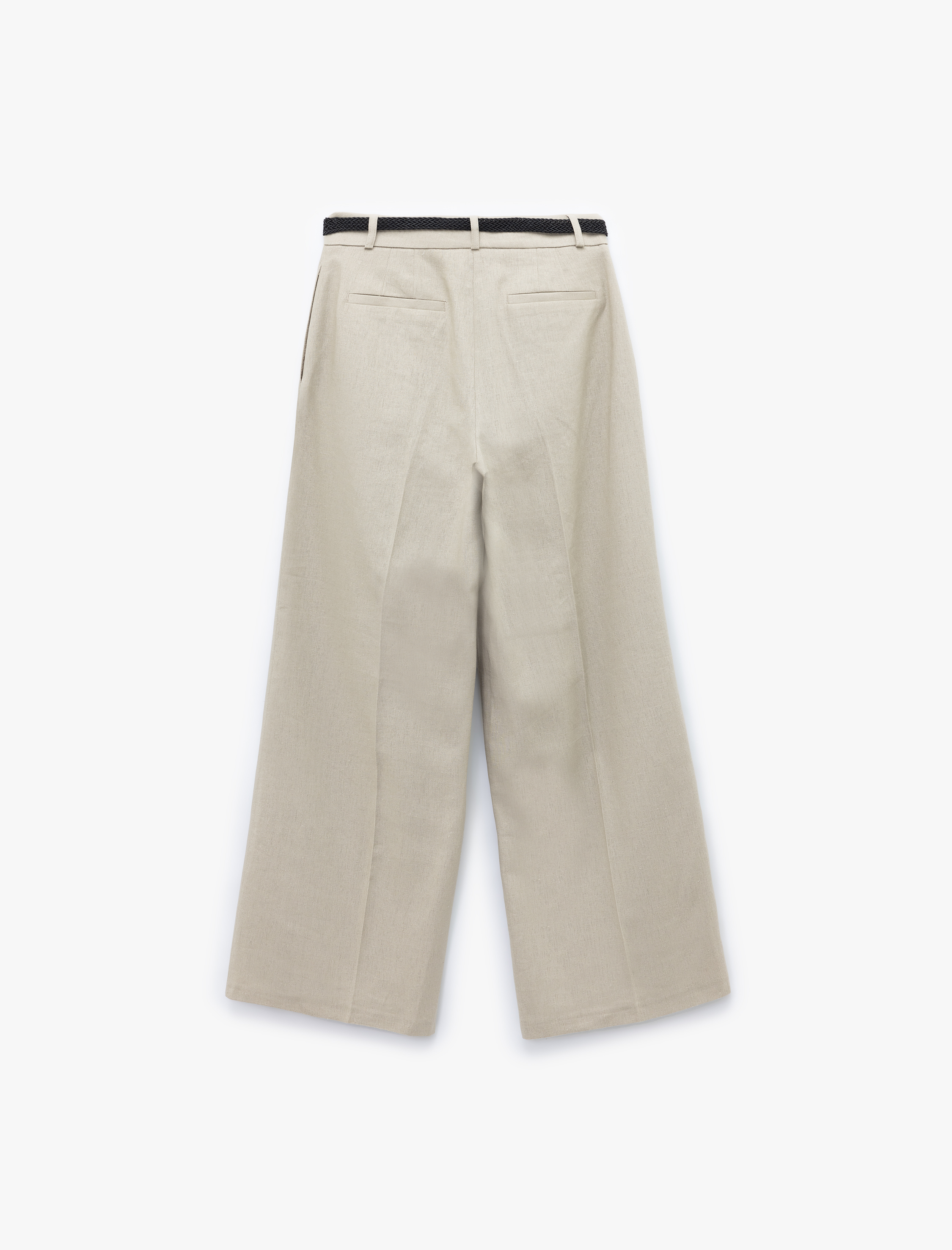   Kemerli Cepli Düz Bol Paça Keten Pantolon