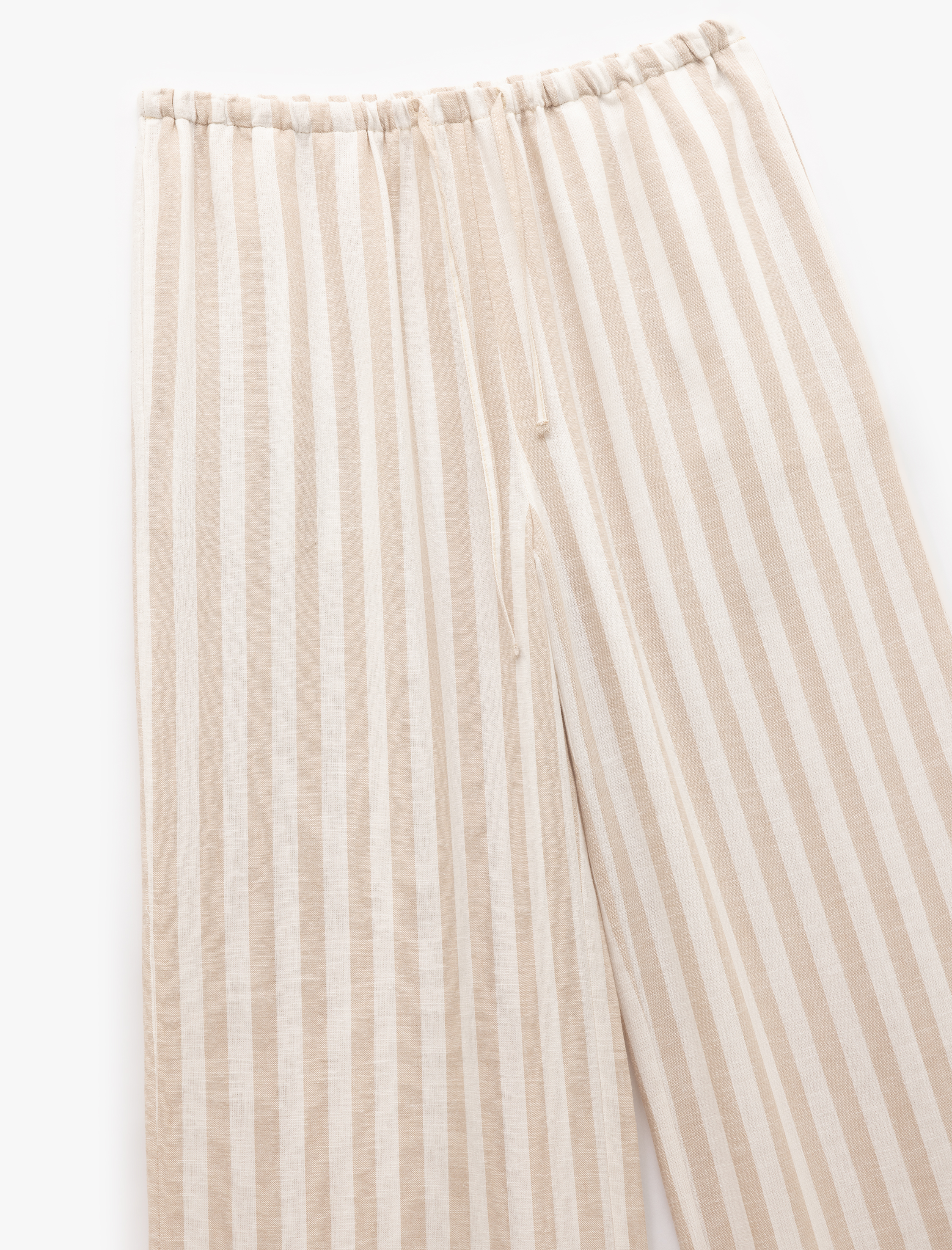   Beli Bağcıklı Cepli Düz Geniş Paça Keten Pantolon