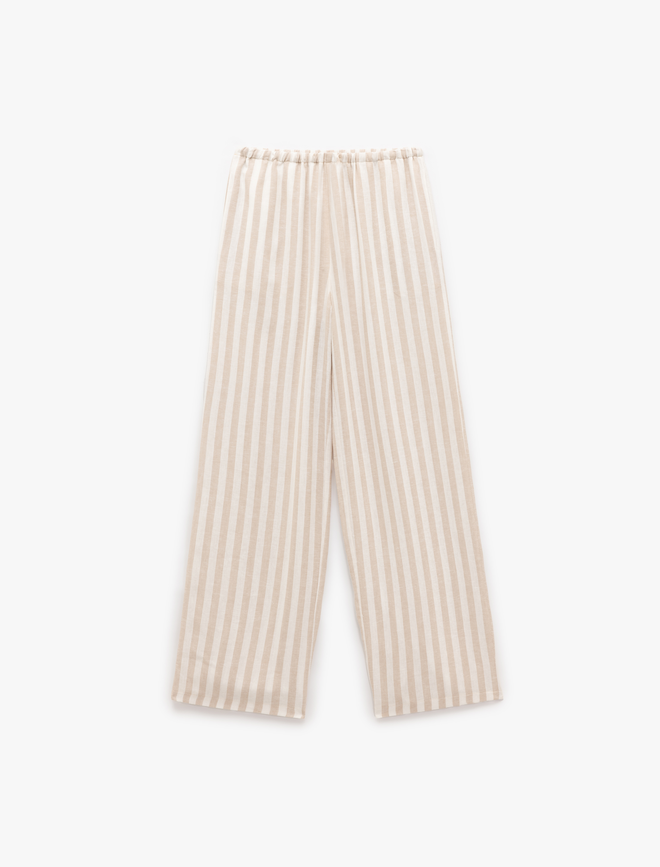   Beli Bağcıklı Cepli Düz Geniş Paça Keten Pantolon