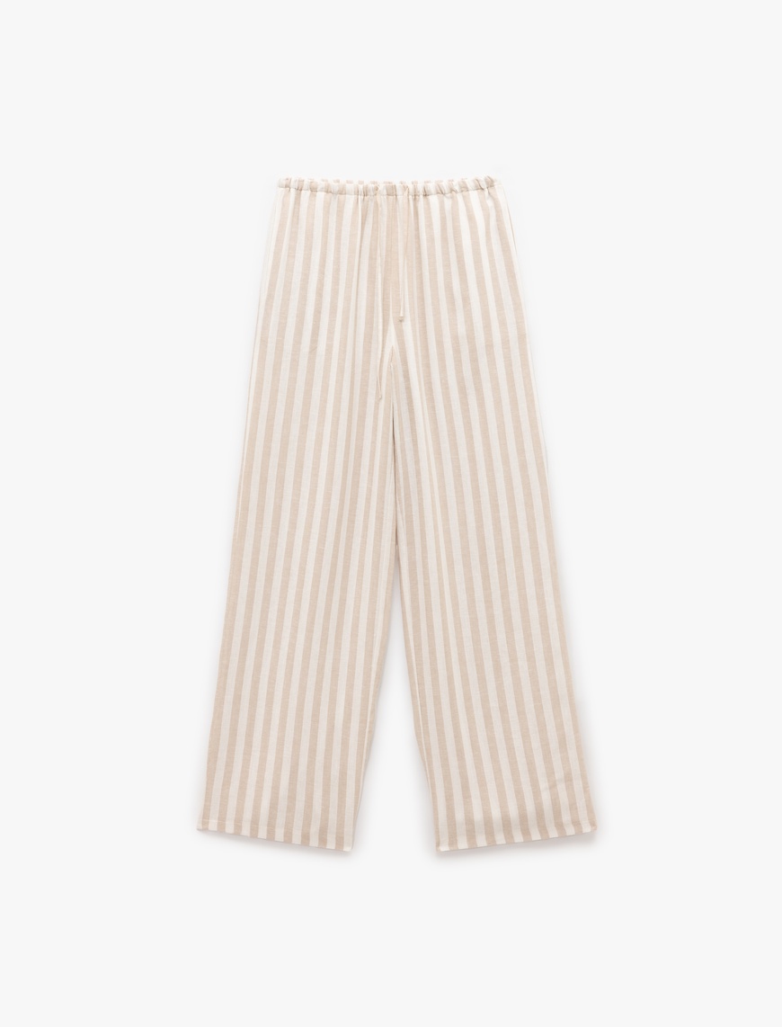   Beli Bağcıklı Cepli Düz Geniş Paça Keten Pantolon