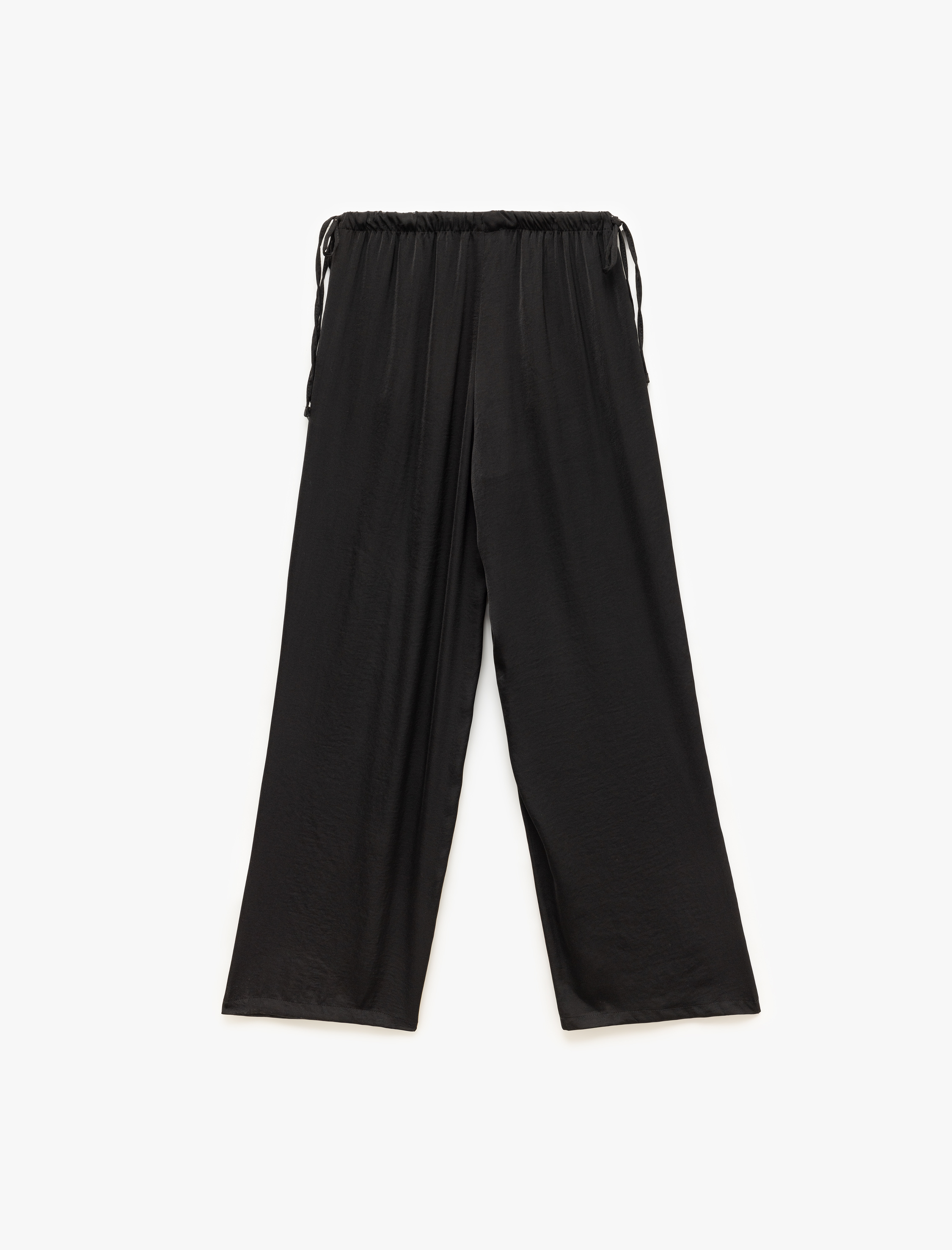   Yanlardan Beli Bağlamalı Aerobin Saten Geniş Paça Pantolon