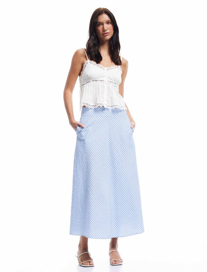  Rahat Kalıp Dokulu Pötikareli Midi Çan Kesim Kloş Etek