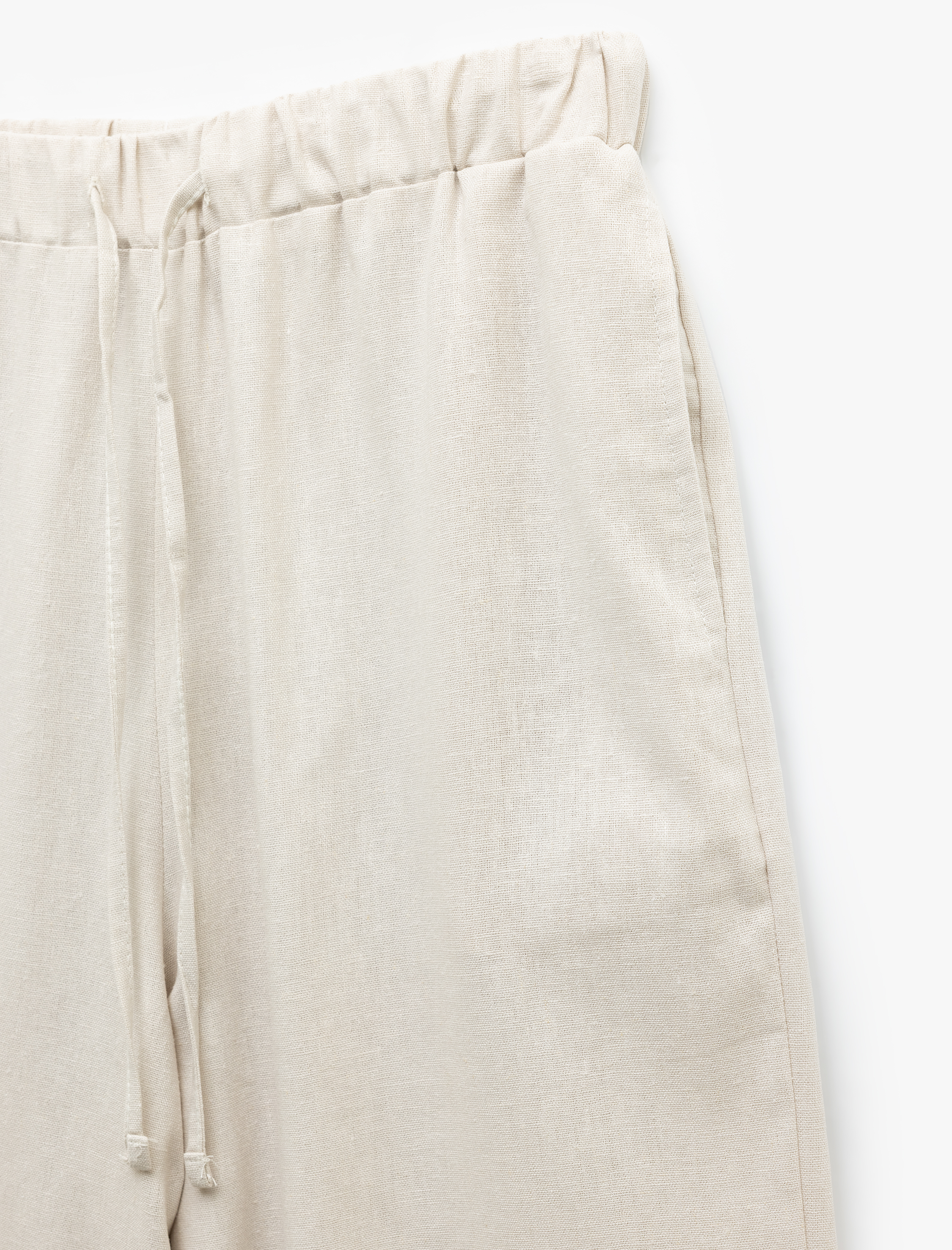   Beli Lastikli Bağlamalı Cepli Düz Bol Paça Keten Pantolon