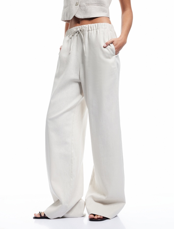  Beli Lastikli Bağlamalı Cepli Düz Bol Paça Keten Pantolon