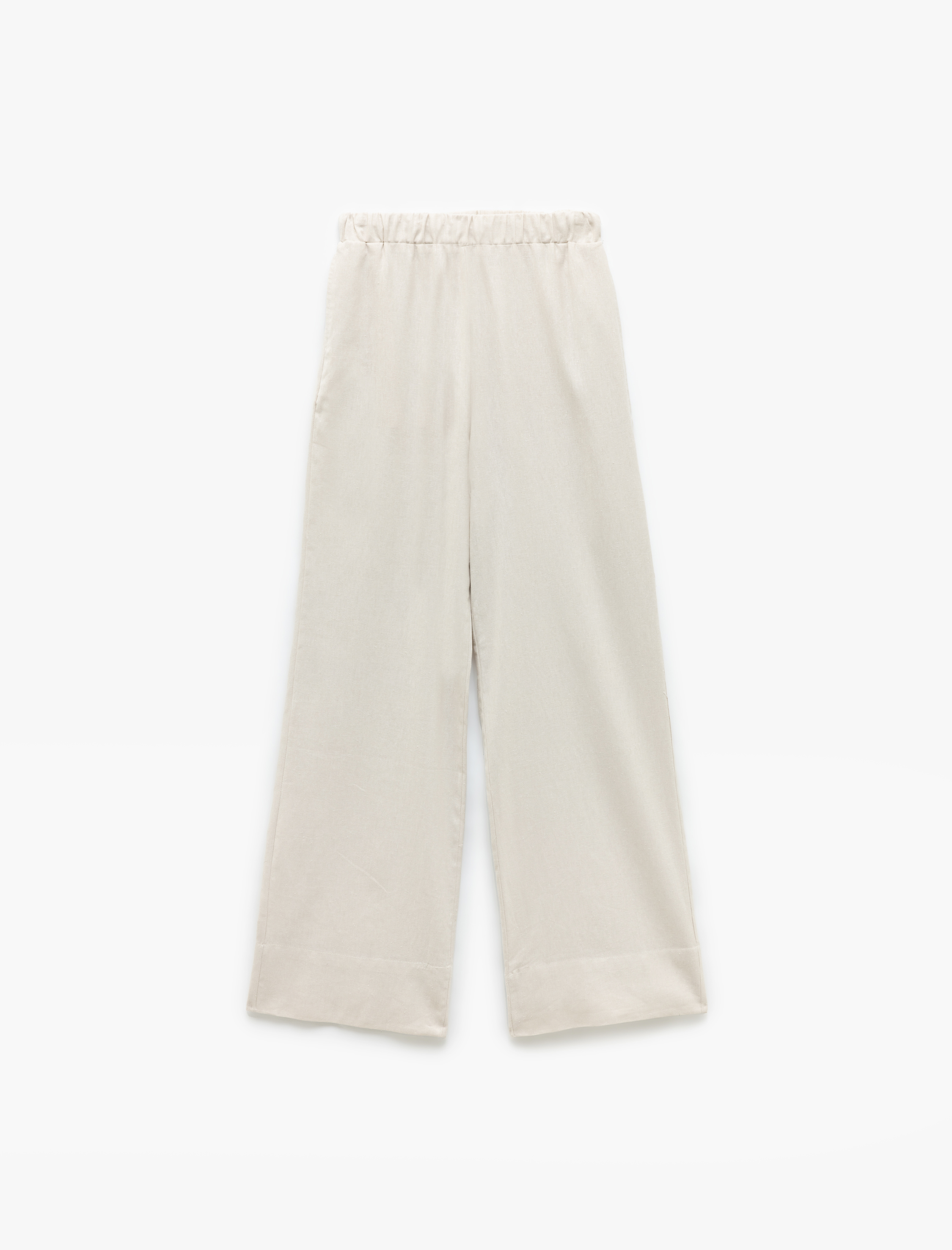   Beli Lastikli Bağlamalı Cepli Düz Bol Paça Keten Pantolon