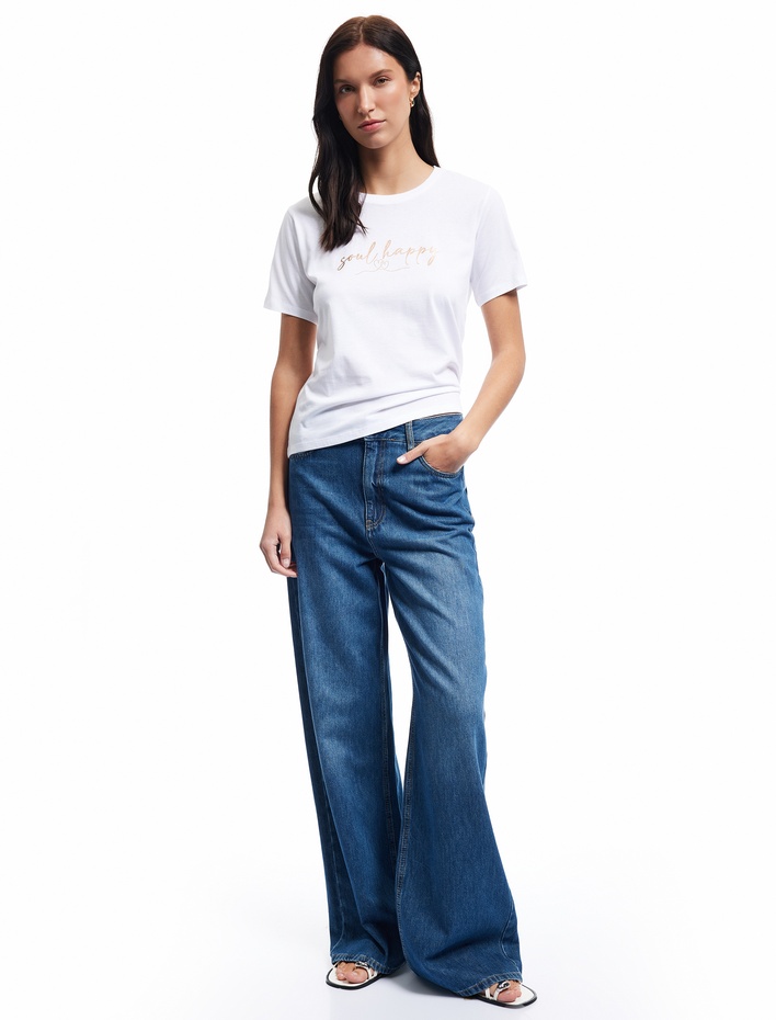  Pamuklu Kısa Kollu Bisiklet Yaka Baskılı Kadın Tişört