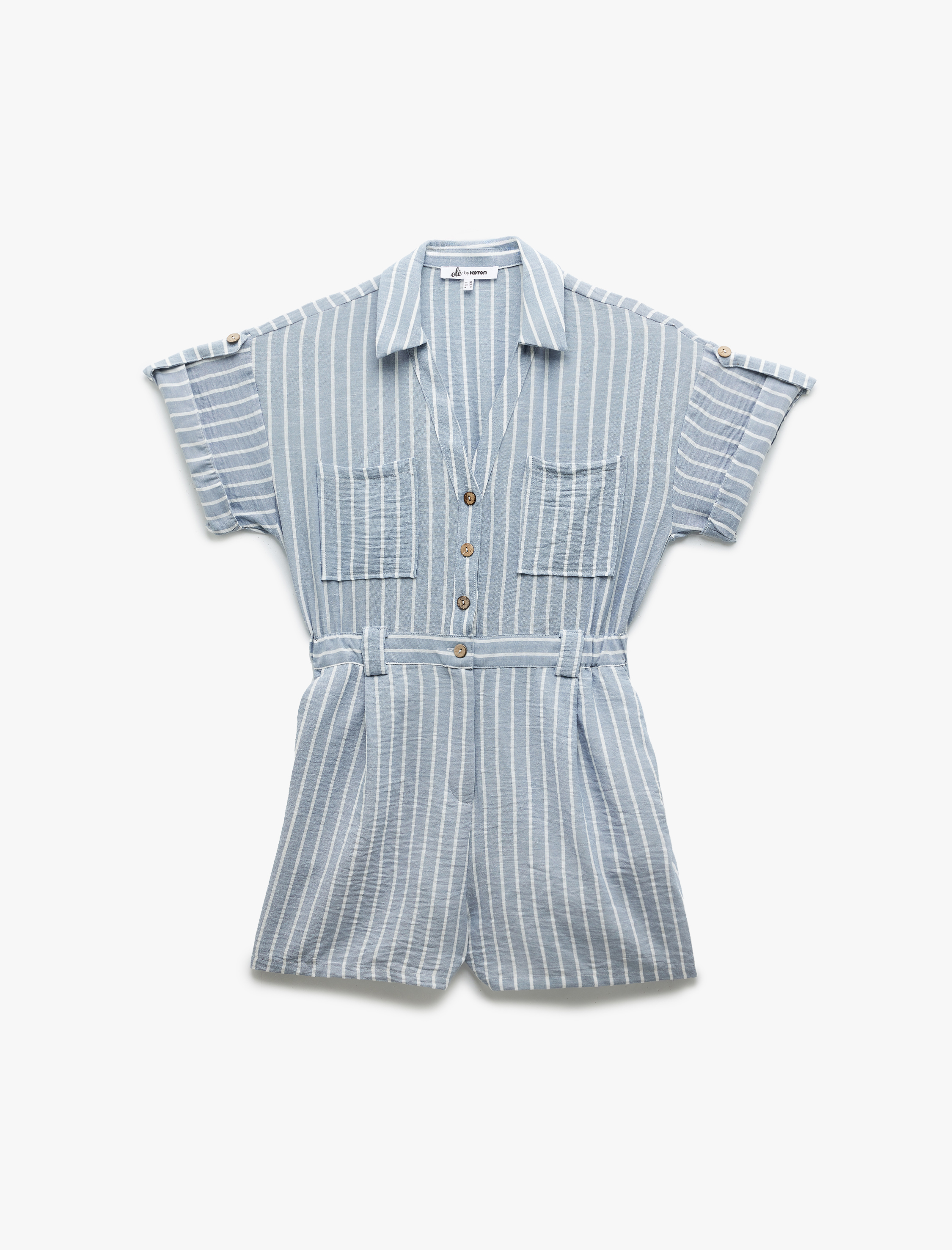   Düğmeli Kısa Kollu Cep Detaylı Gömlek Yaka Mini Salopet Tulum