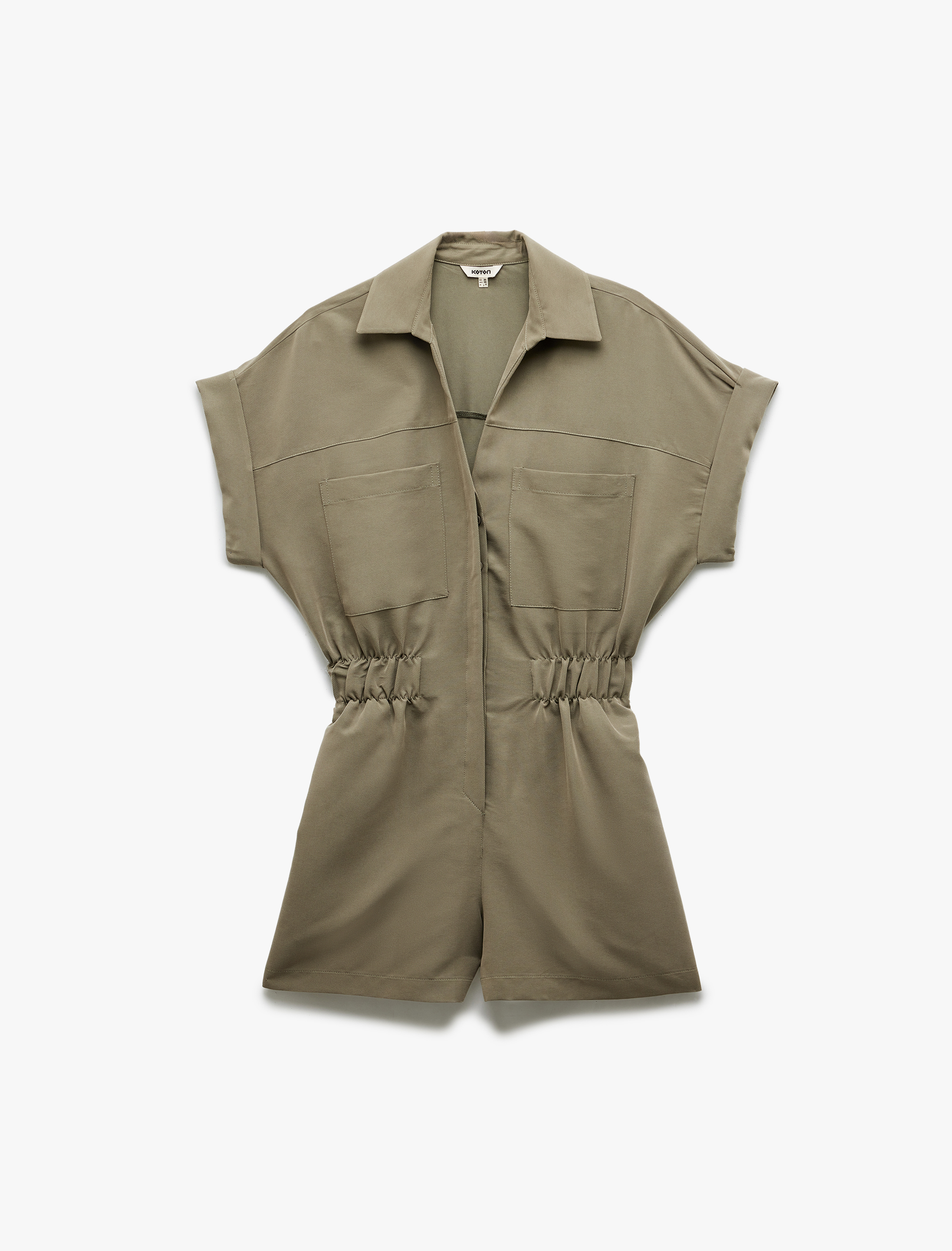   Cupro Modal Kumaş Cep Detaylı Beli Lastikli Kısa Kollu Gömlek Yaka Şort Tulum