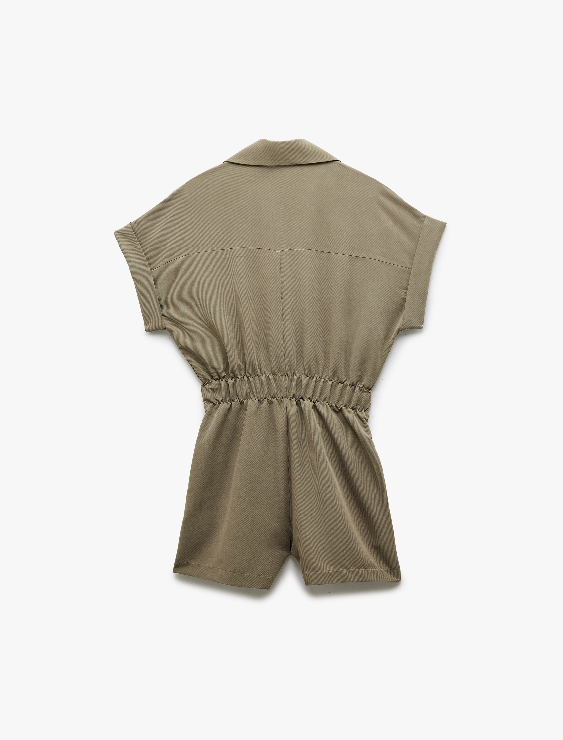   Cupro Modal Kumaş Cep Detaylı Beli Lastikli Kısa Kollu Gömlek Yaka Şort Tulum