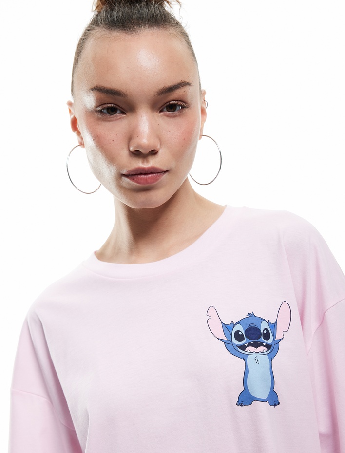  Stitch Lisanslı Kısa Kollu Bisiklet Yaka Pamuklu Arkası Baskılı Oversize Tişört