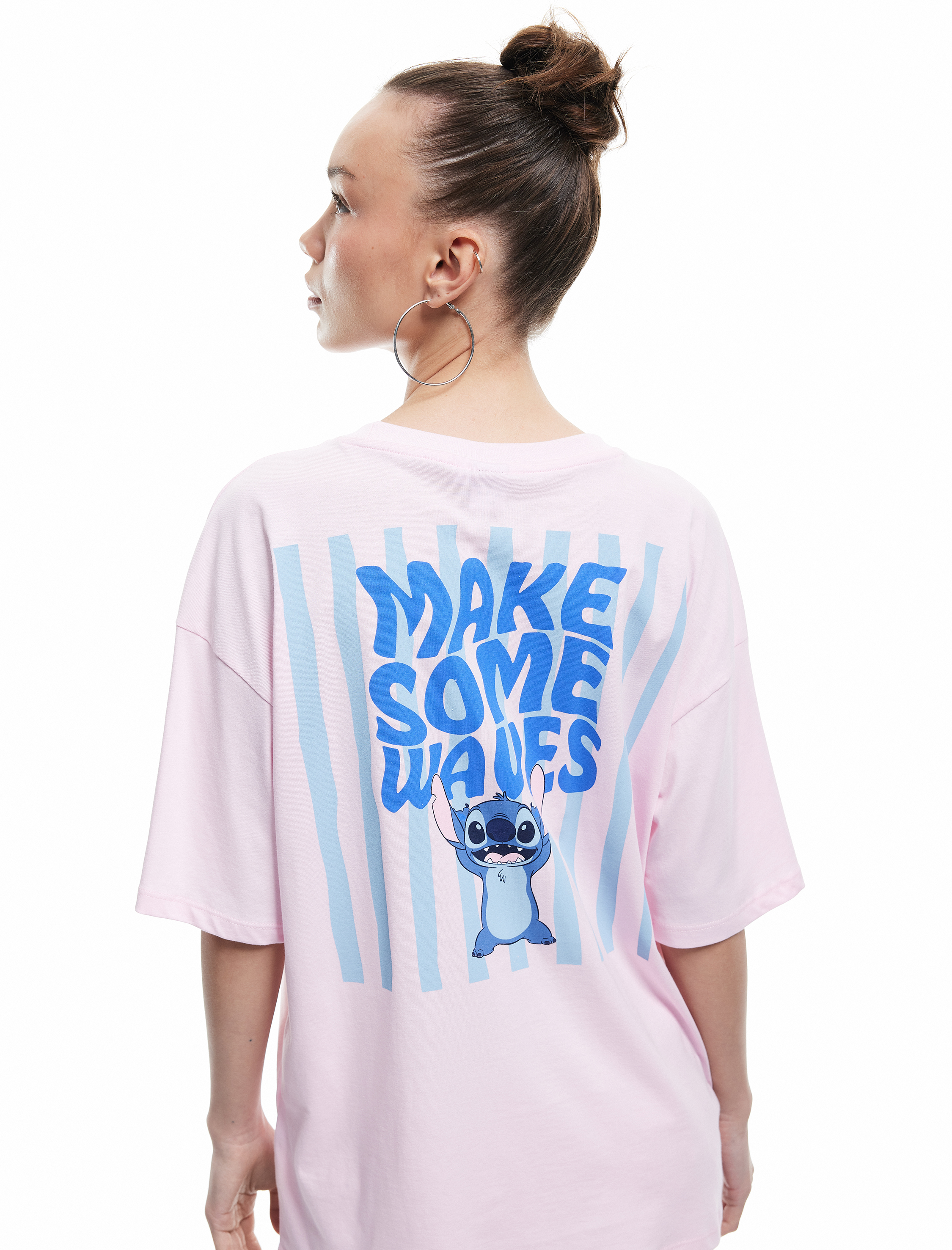   Stitch Lisanslı Kısa Kollu Bisiklet Yaka Pamuklu Arkası Baskılı Oversize Tişört