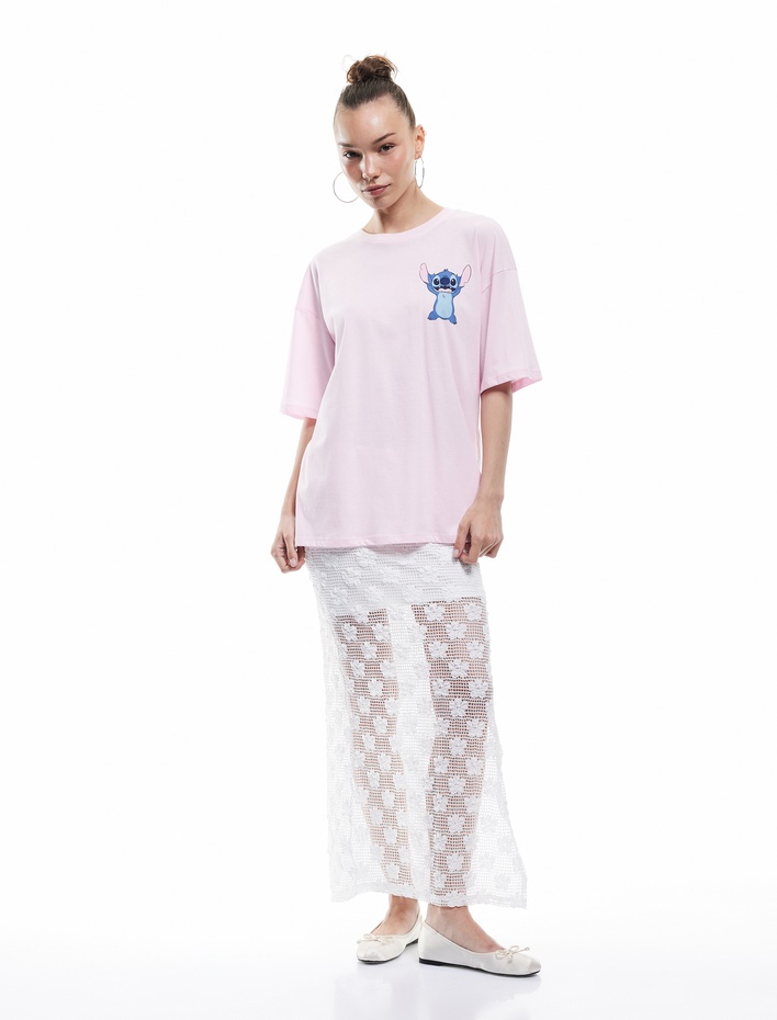  Stitch Lisanslı Kısa Kollu Bisiklet Yaka Pamuklu Arkası Baskılı Oversize Tişört