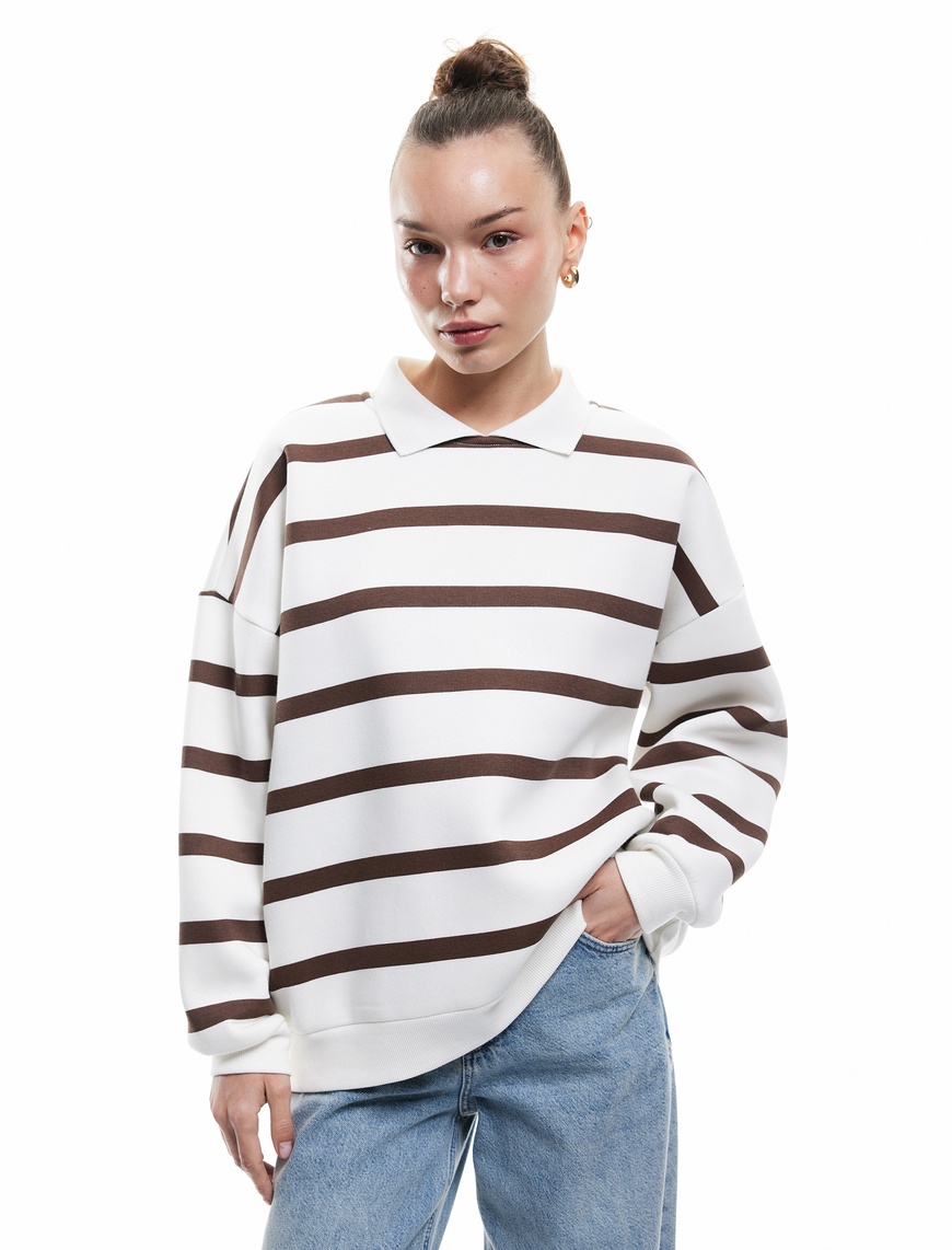   Şardonlu Polo Yaka Çizgili Oversize Sweatshirt
