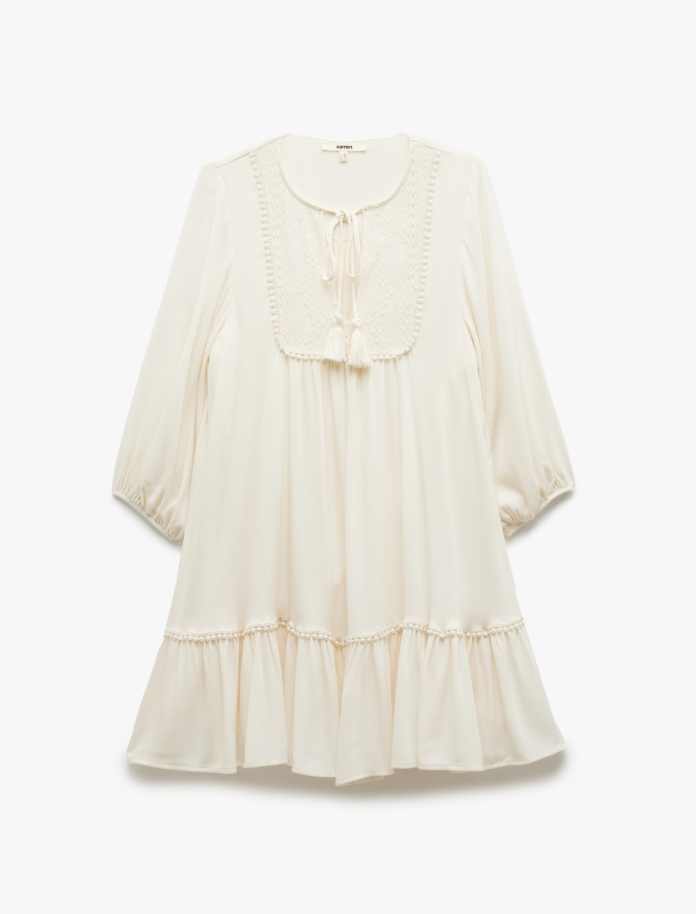   Viskon Crinkle Kumaş Astarlı 3/4 Kollu Yuvarlak Bağlama Yaka Detaylı Fırfırlı Elbise