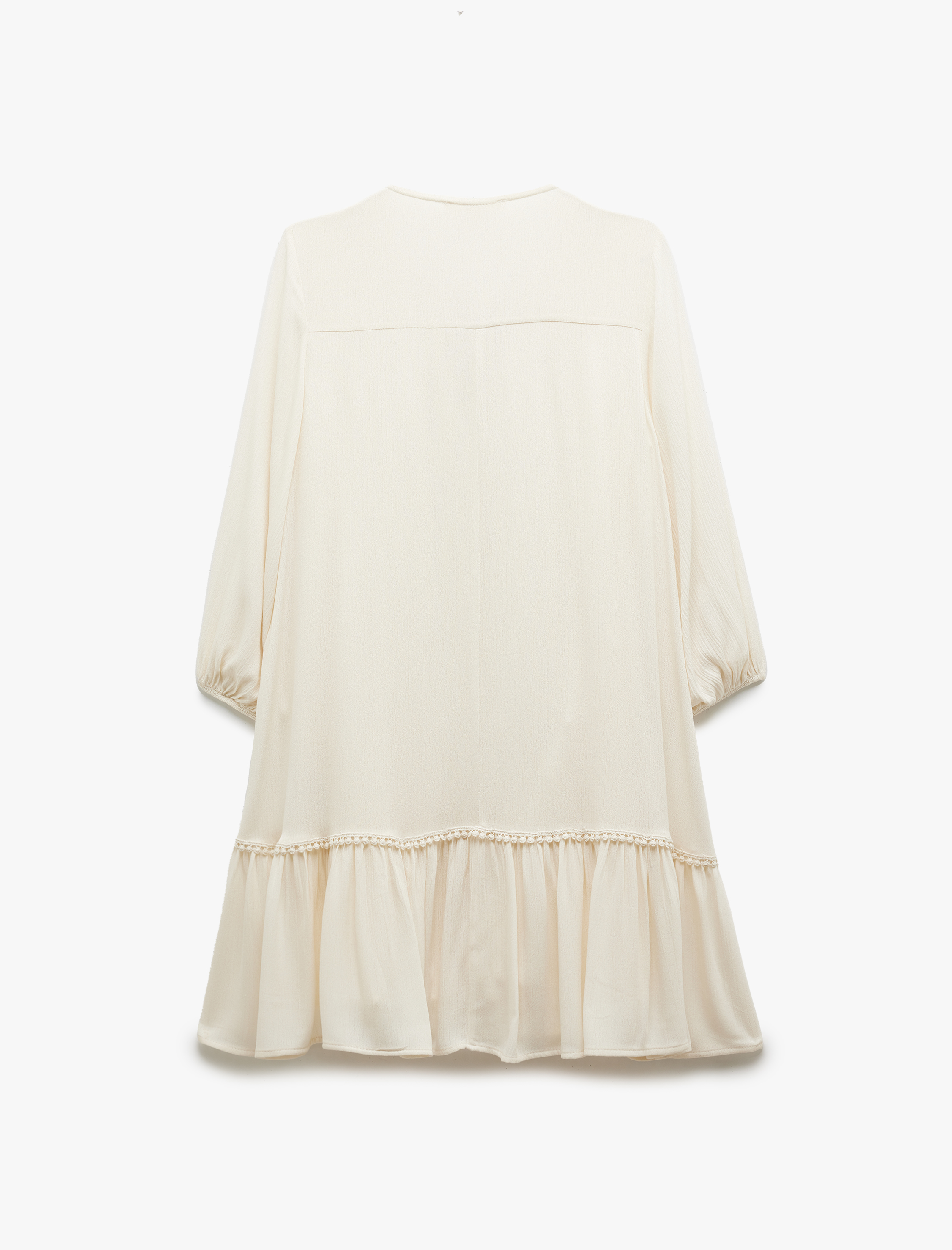   Viskon Crinkle Kumaş Astarlı 3/4 Kollu Yuvarlak Bağlama Yaka Detaylı Fırfırlı Elbise