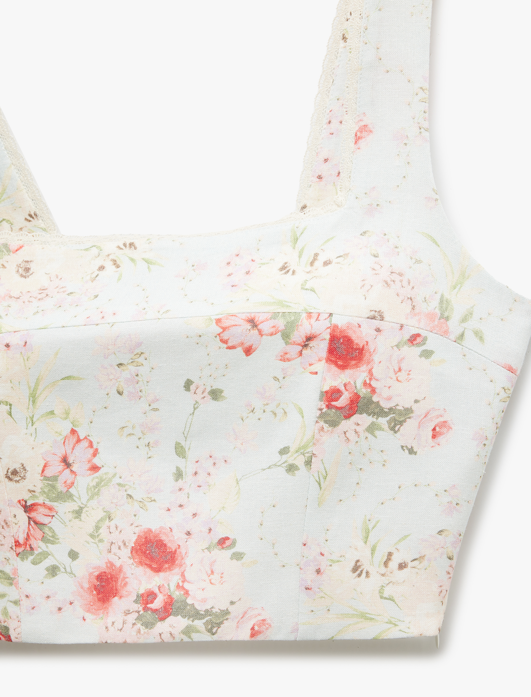   Viskon Keten Karışımlı Kare Yaka Gipeli Kalın Askılı Crop Çiçekli Bluz