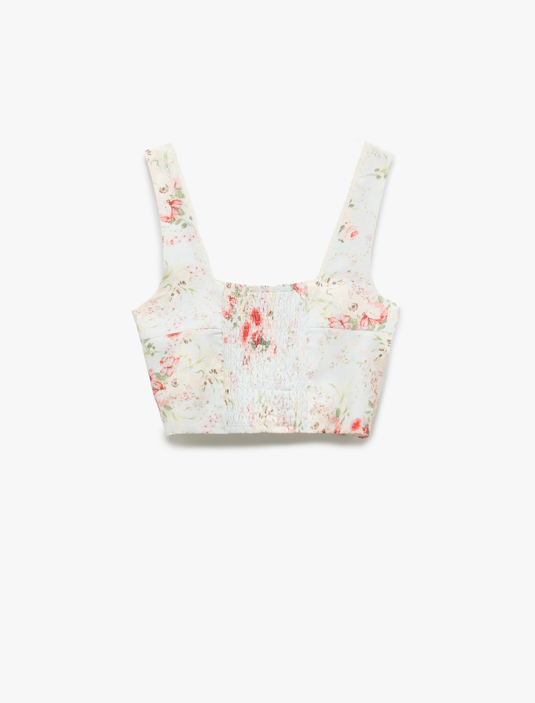   Viskon Keten Karışımlı Kare Yaka Gipeli Kalın Askılı Crop Çiçekli Bluz