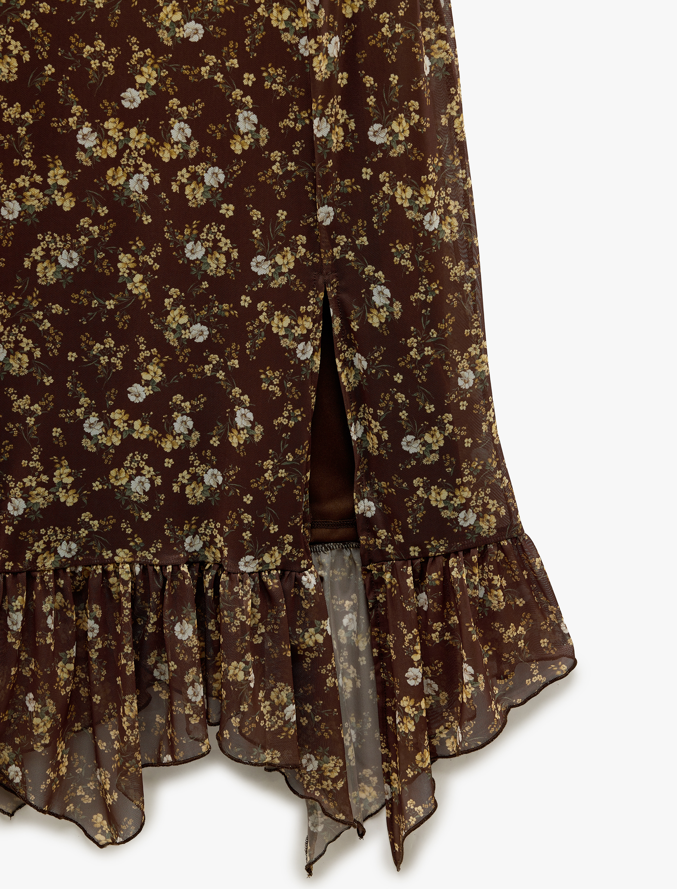   U Yaka Kısa Balon Kollu Yırtmaçlı Asimetrik Çiçekli Midi Tül Elbise