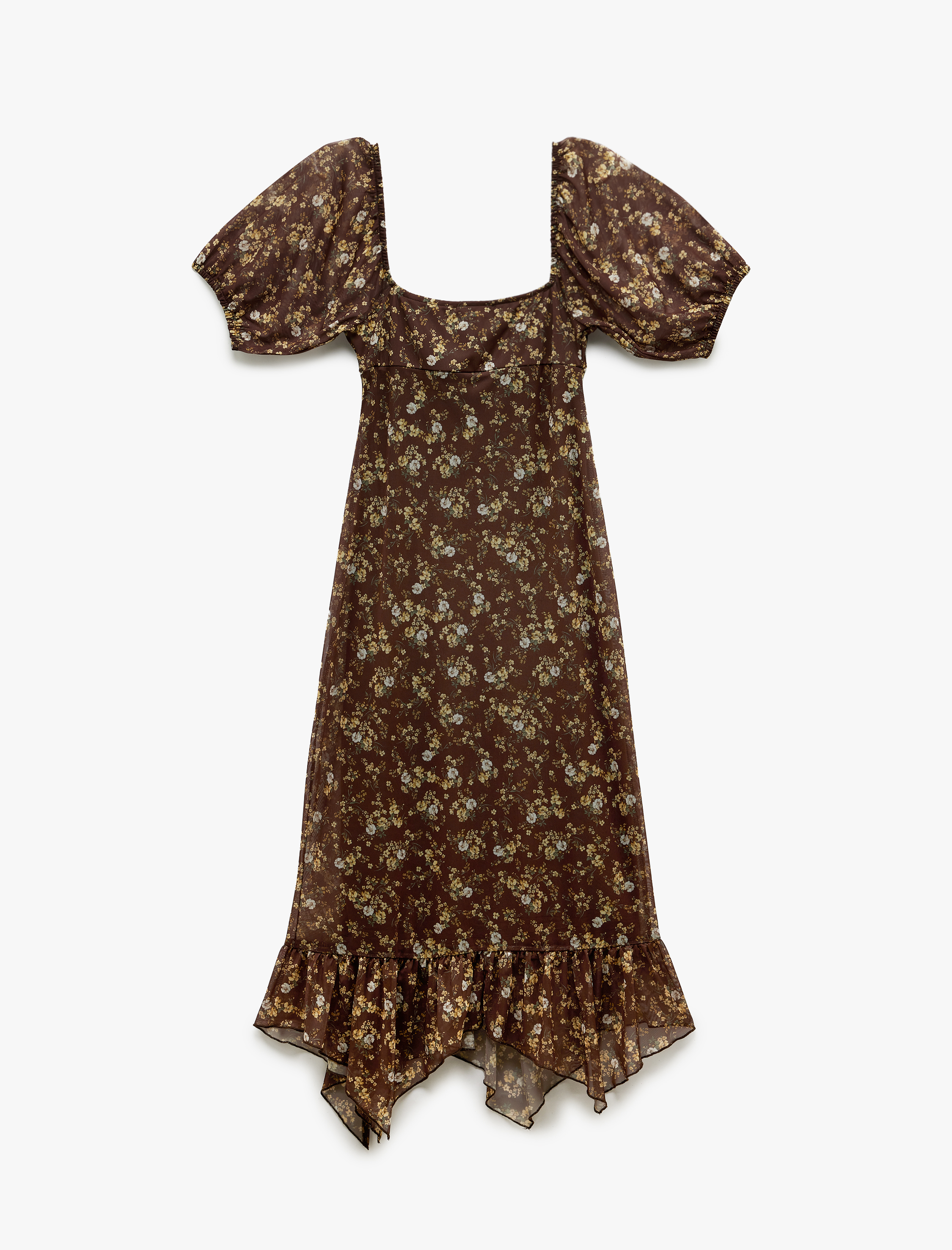   U Yaka Kısa Balon Kollu Yırtmaçlı Asimetrik Çiçekli Midi Tül Elbise