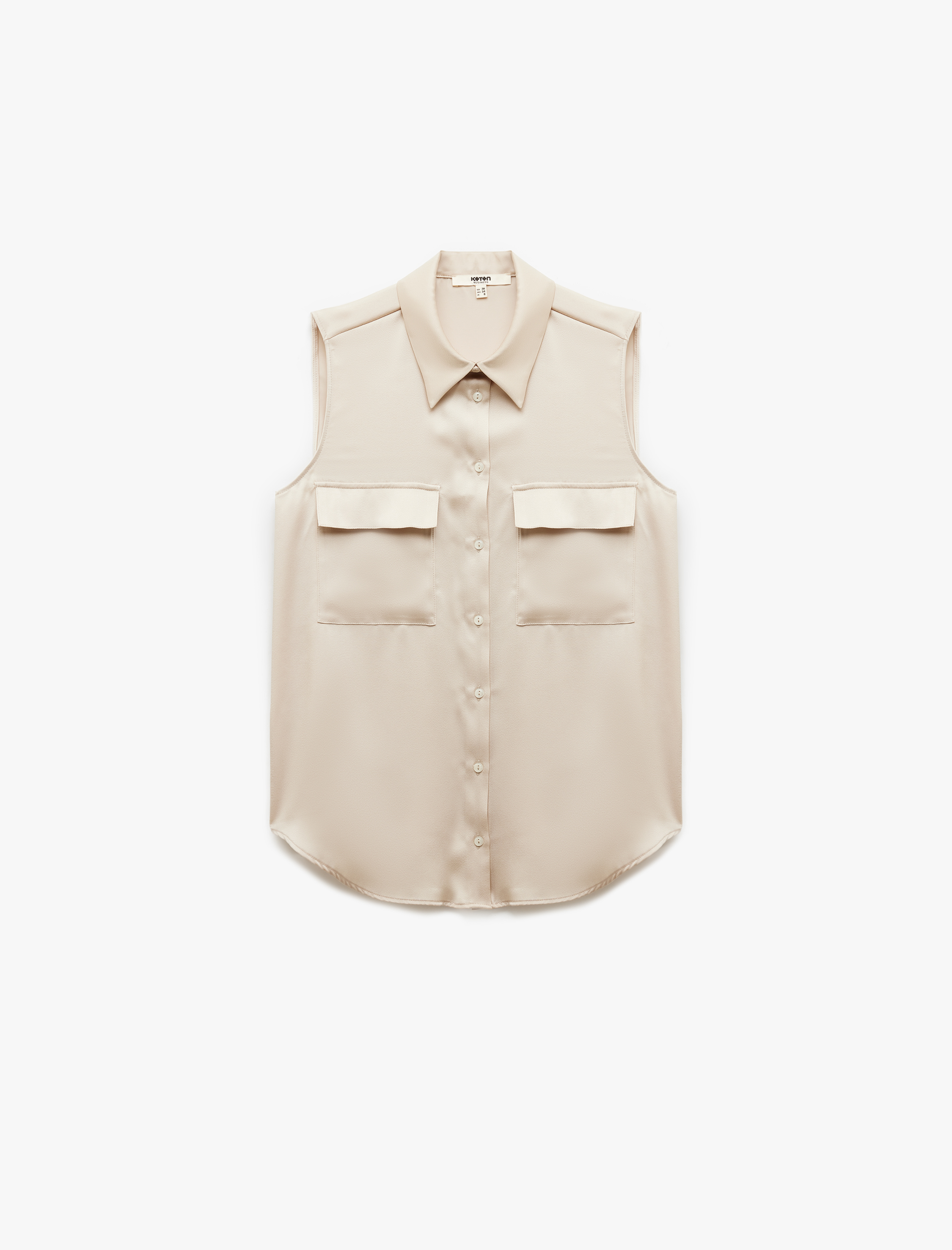   Kapaklı Cep Detaylı Klasik Yaka Kolsuz Saten Gömlek