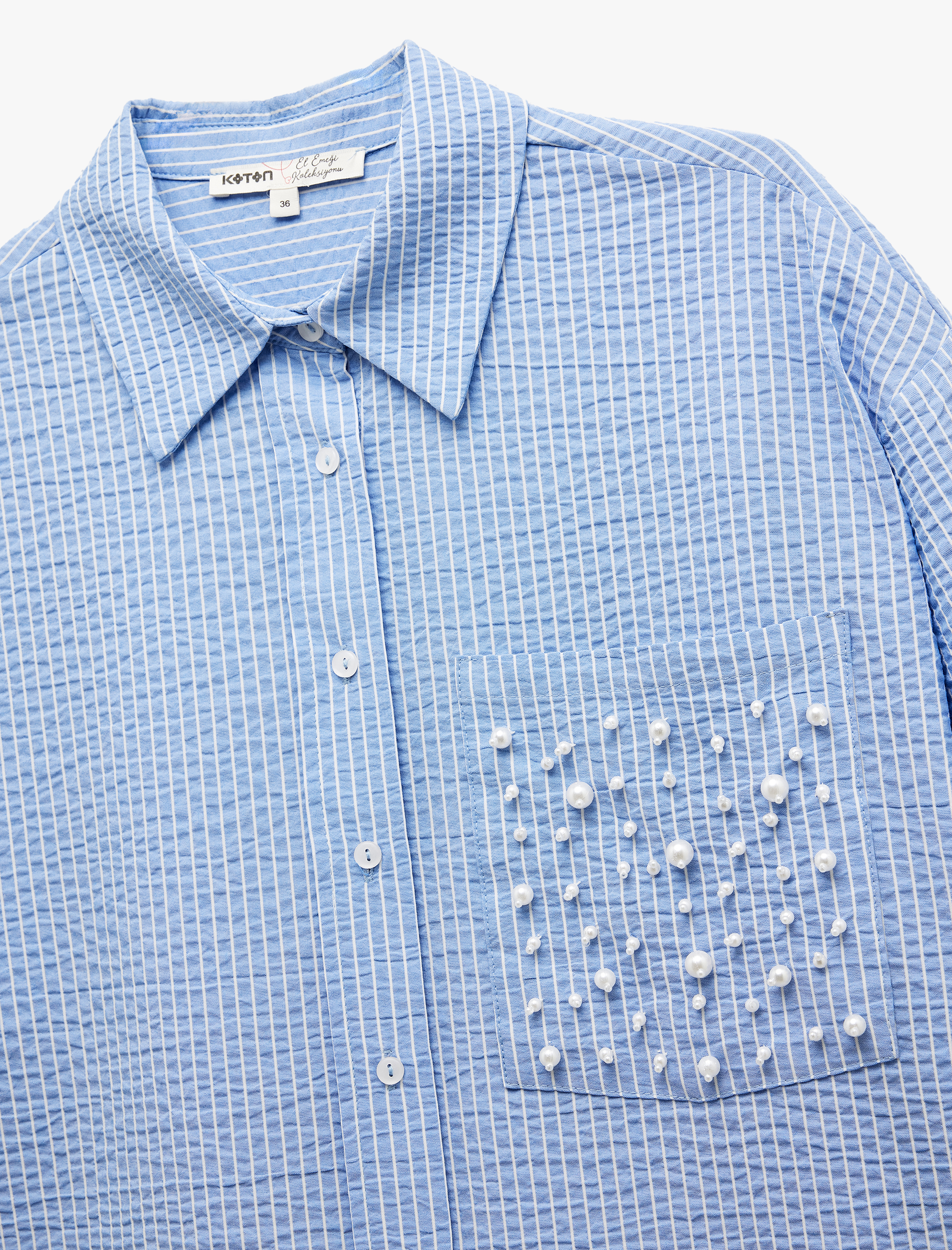 Uzun Kollu Dokulu İnci İşleme Detaylı Cepli Oversize Gömlek