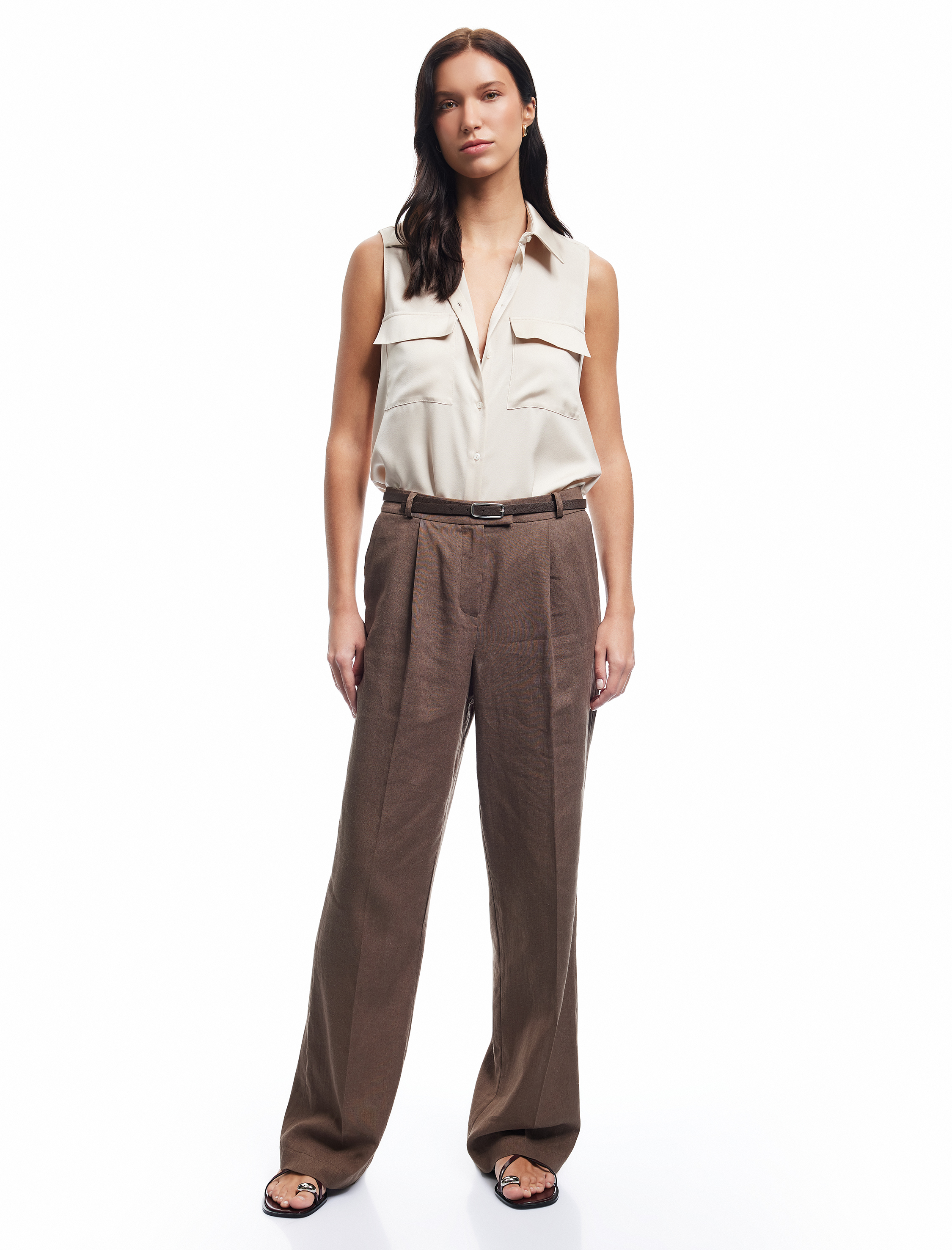   Kapaklı Cep Detaylı Klasik Yaka Kolsuz Saten Gömlek